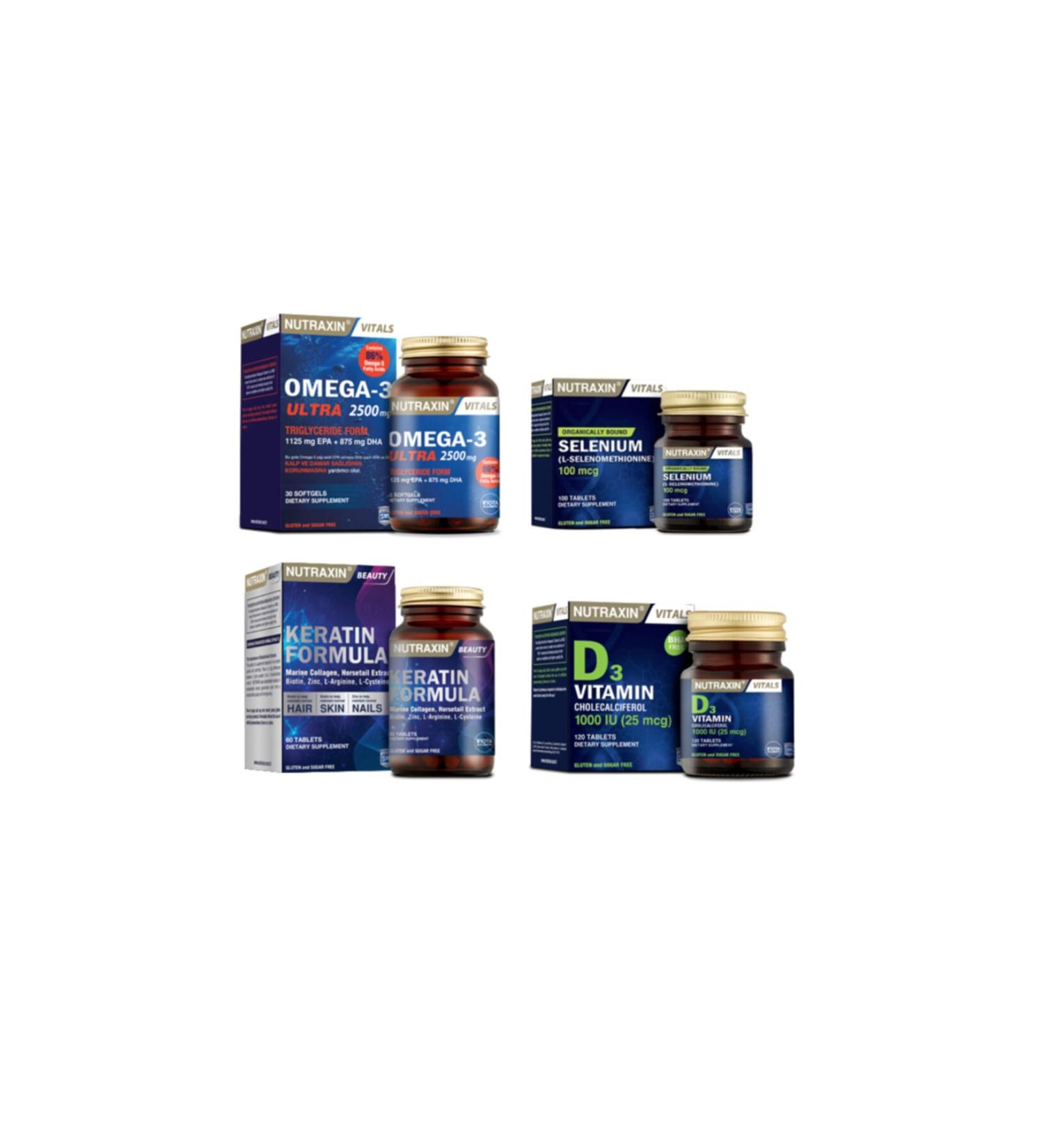 Nutraxin Omega 3 Ultra 2500 Mg 30 Capsules + Selenium 100 Tablets + Keratin Formula 60 Tablets + Vitamin D3 120 Tablets