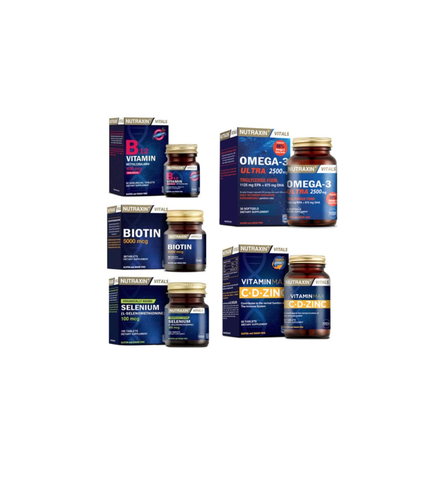 Nutraxin Omega 3 Ultra 2500mg Fish Oil 30 Capsules+selenium+biotin+vitamin Max(c d zinc)+B12 Vitamin Sublingual