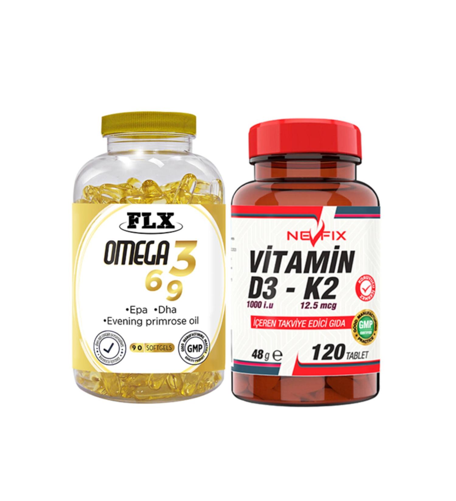 FLX Omega 3-6-9 Fish Oil 180 Softgel & Nevfix Vitamin D3-k2 120 Tablets
