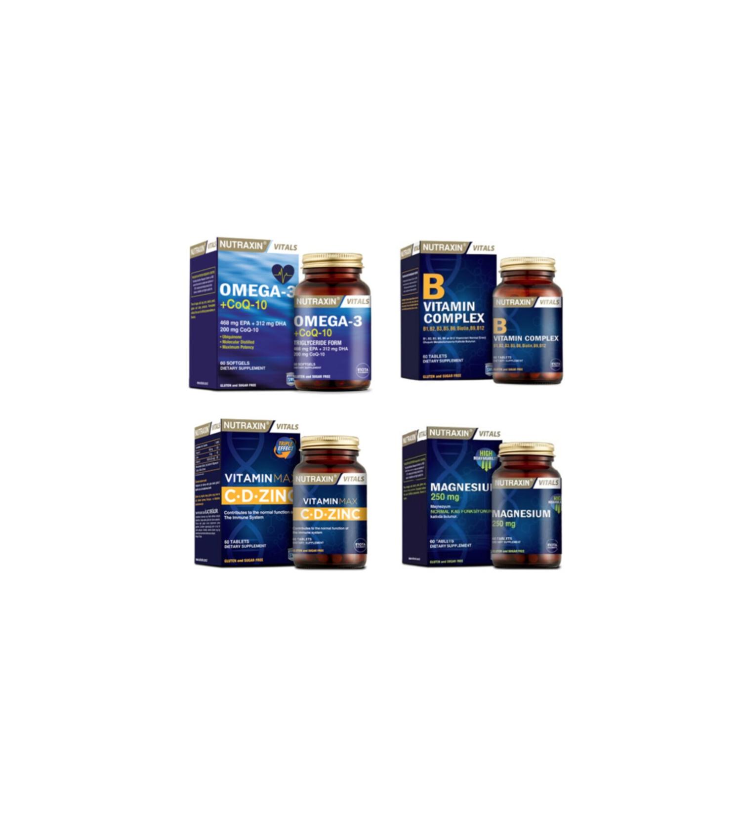 Nutraxin Omega 3 + coq-10 (coenzyme) 60 Capsules + vitamin Max (c d zinc) + B Vitamin Complex + magnesium