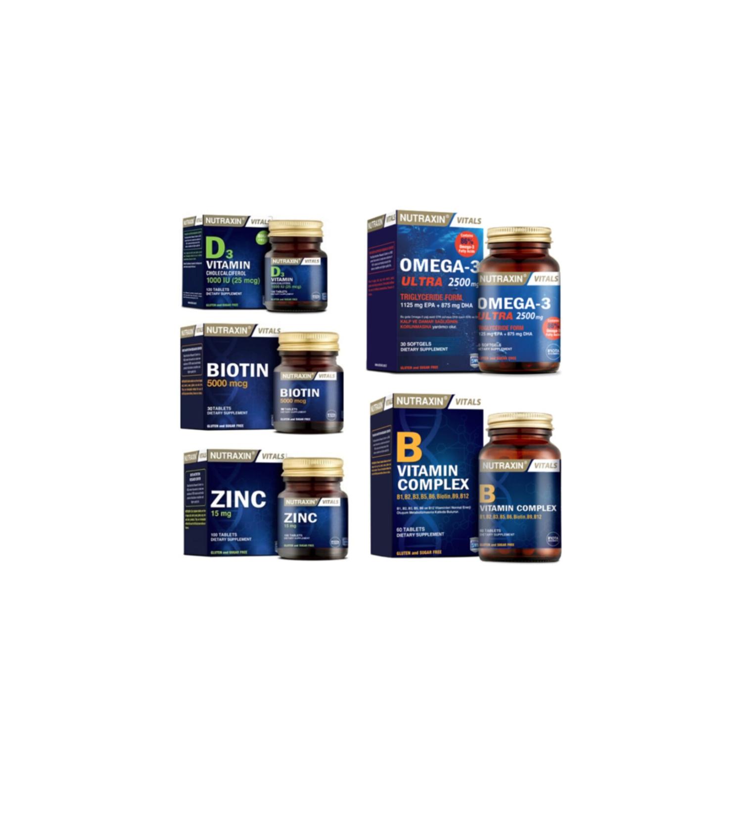 Nutraxin Omega 3 Ultra 2500 Mg Fish Oil 30 Capsules + Biotin + Zinc + Vitamin D3 + Vitamin B 60 Tablets