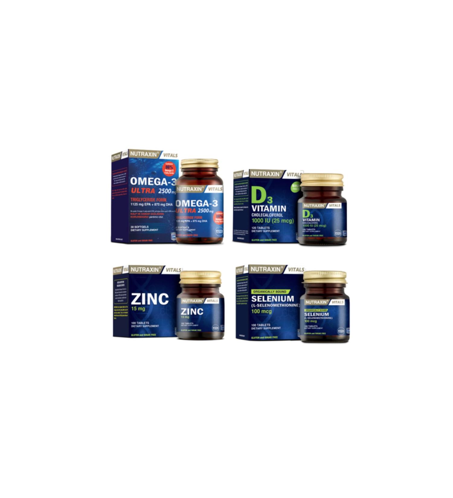 Nutraxin Omega 3 Ultra 2500mg Fish Oil 30 Capsules+Selenium 100 Tablets+D3 Vitamin 120 Tablets+Zinc 100 Tablets