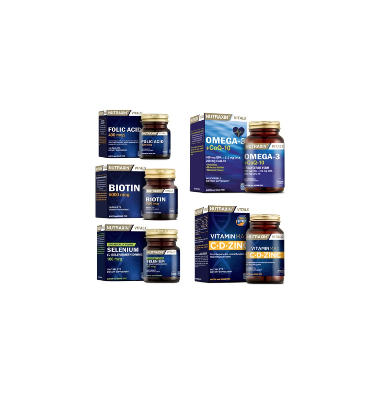 Nutraxin Omega 3 + coq-10 (coenzyme) 60 Capsules + folic acid + Selenium + biotin + vitamin Max (c d zinc)