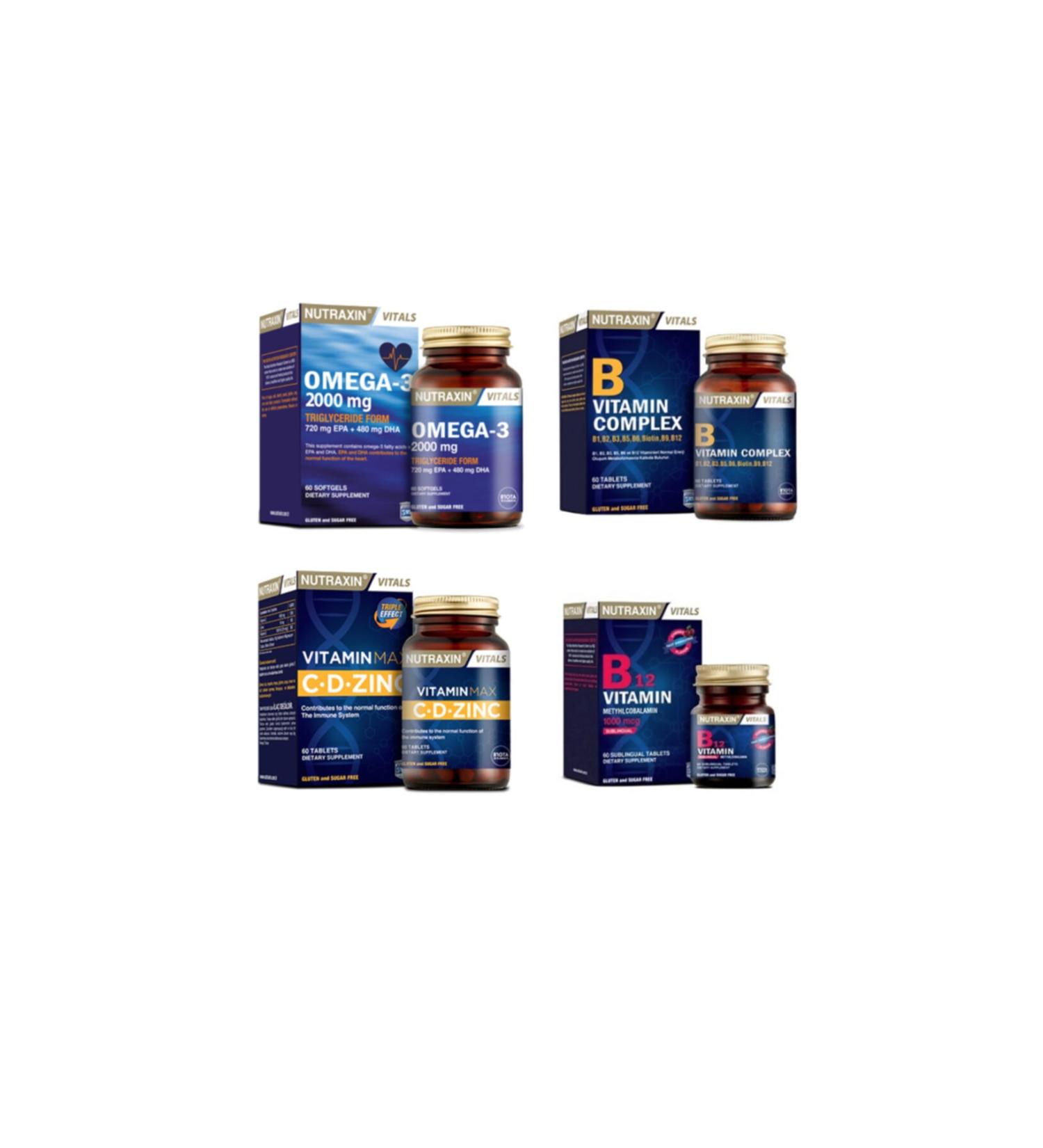 Nutraxin Omega 3 Fish Oil 2000 Mg 60 Capsules + Vitamin Max (c d zinc) + Vitamin B Complex + Vitamin B12