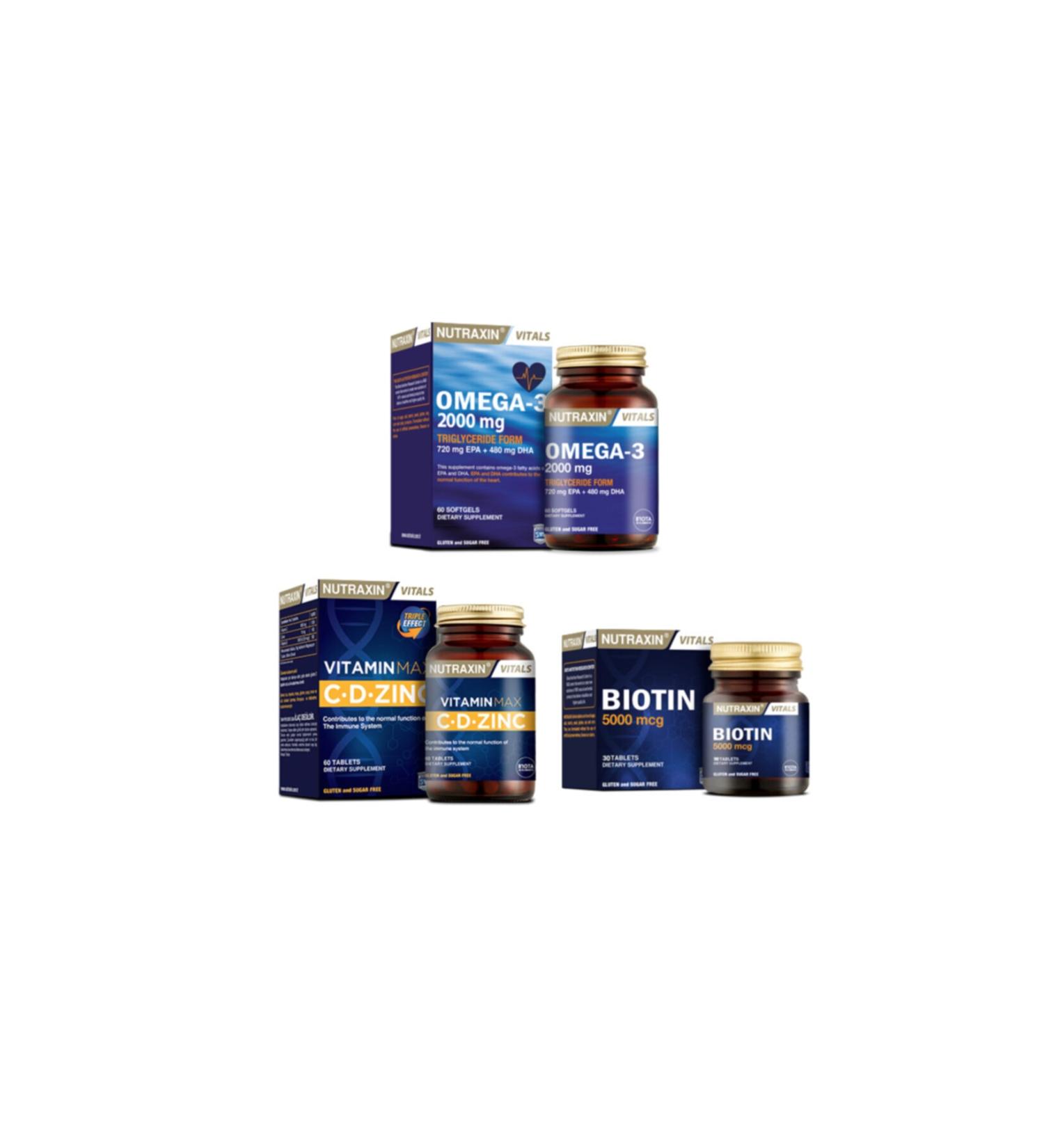 Nutraxin Omega 3 Fish Oil 2000 Mg 60 Capsules + Vitamin Max (c d zinc) 60 Tablets + Biotin 5000 Mcg 30 Tablets