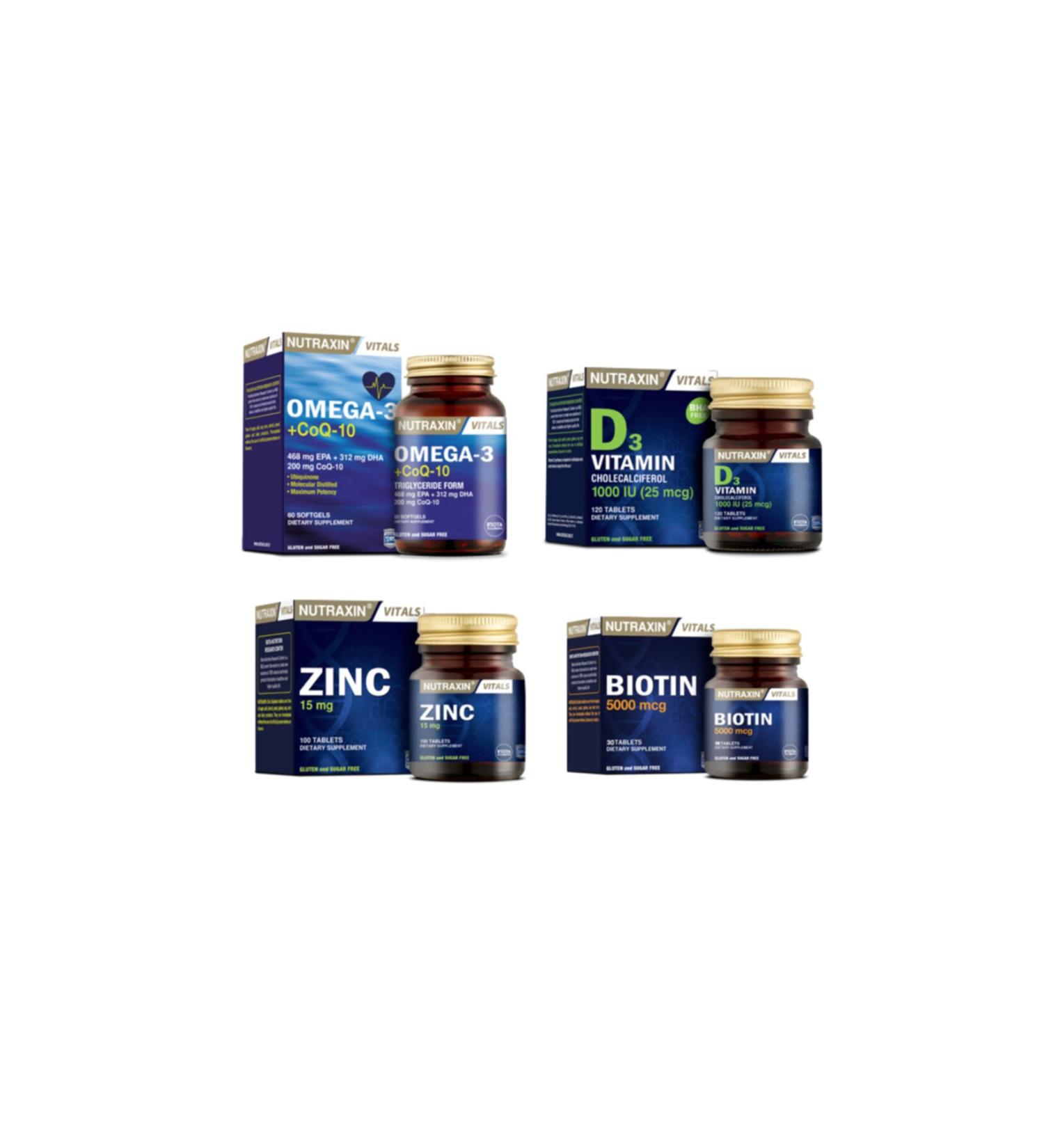 Nutraxin Omega 3 + coq-10 (coenzyme) 60 Capsules + biotin 30 Tablets + D3 Vitamin 120 Tablets + zinc 100 Tablets