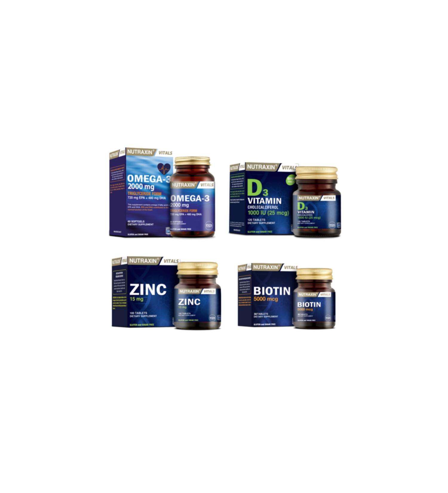 Nutraxin Omega 3 Fish Oil 2000 Mg 60 Capsules + Biotin 30 Tablets + Vitamin D3 120 Tablets + Zinc 100 Tablets