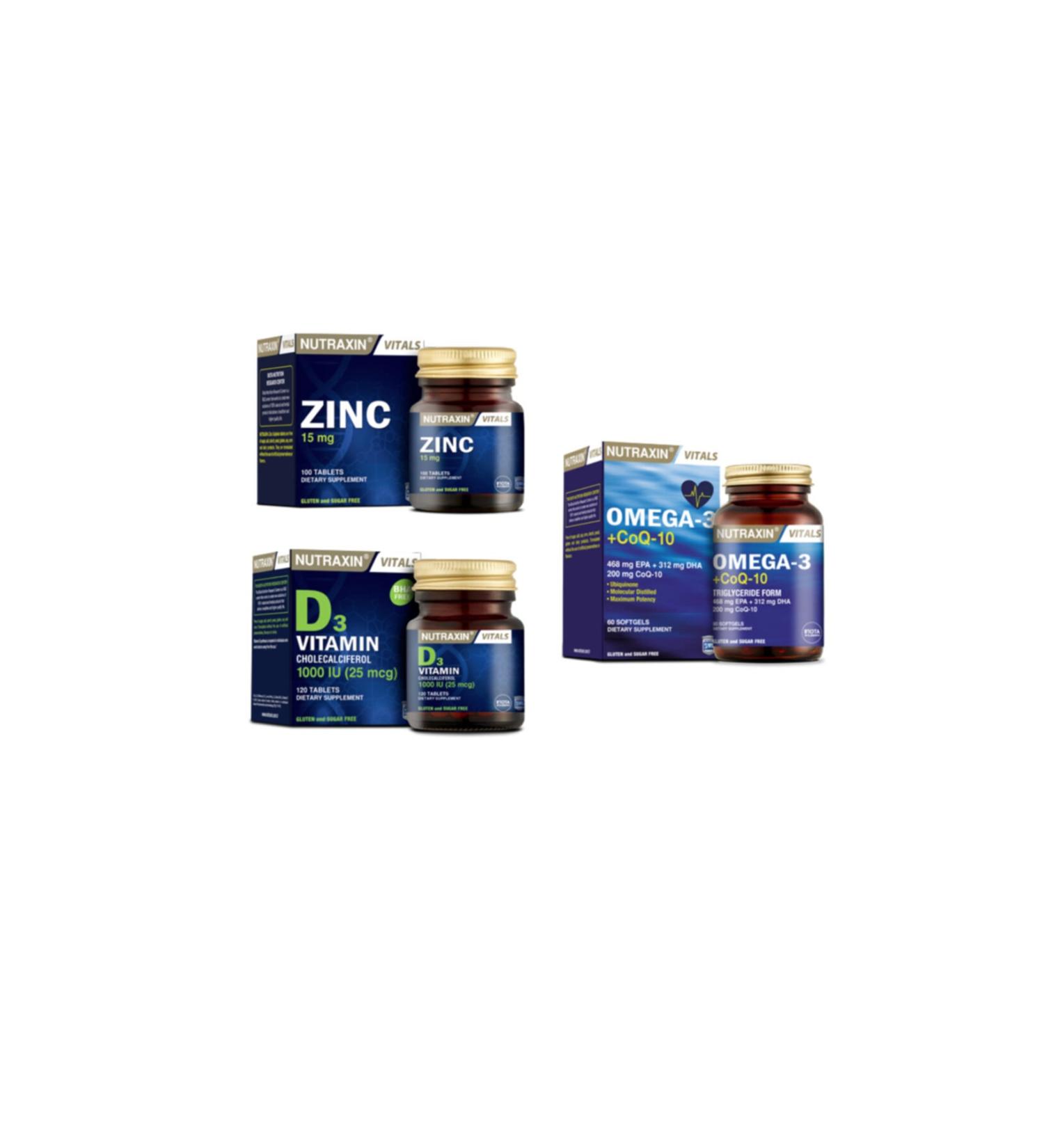 Nutraxin Omega 3 coq-10 Coenzyme 60 Capsules Vitamin D3 120 Tablets Zinc Zinc 100 Tablets