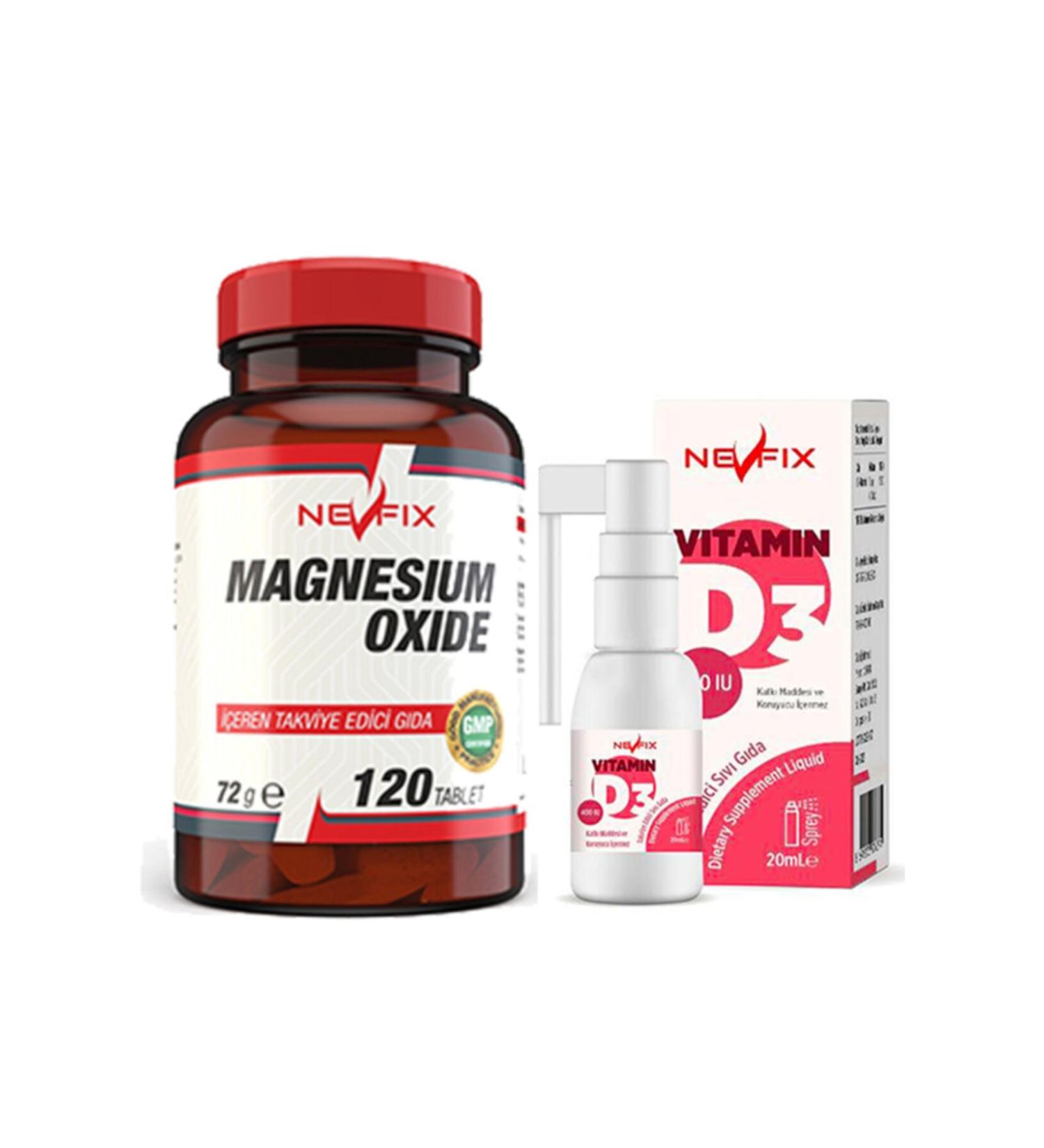 Nevfix Magnesium Oxide Magnesium 250 Mg 120 Tablets & Vitamin D3 400 20 Ml Spray