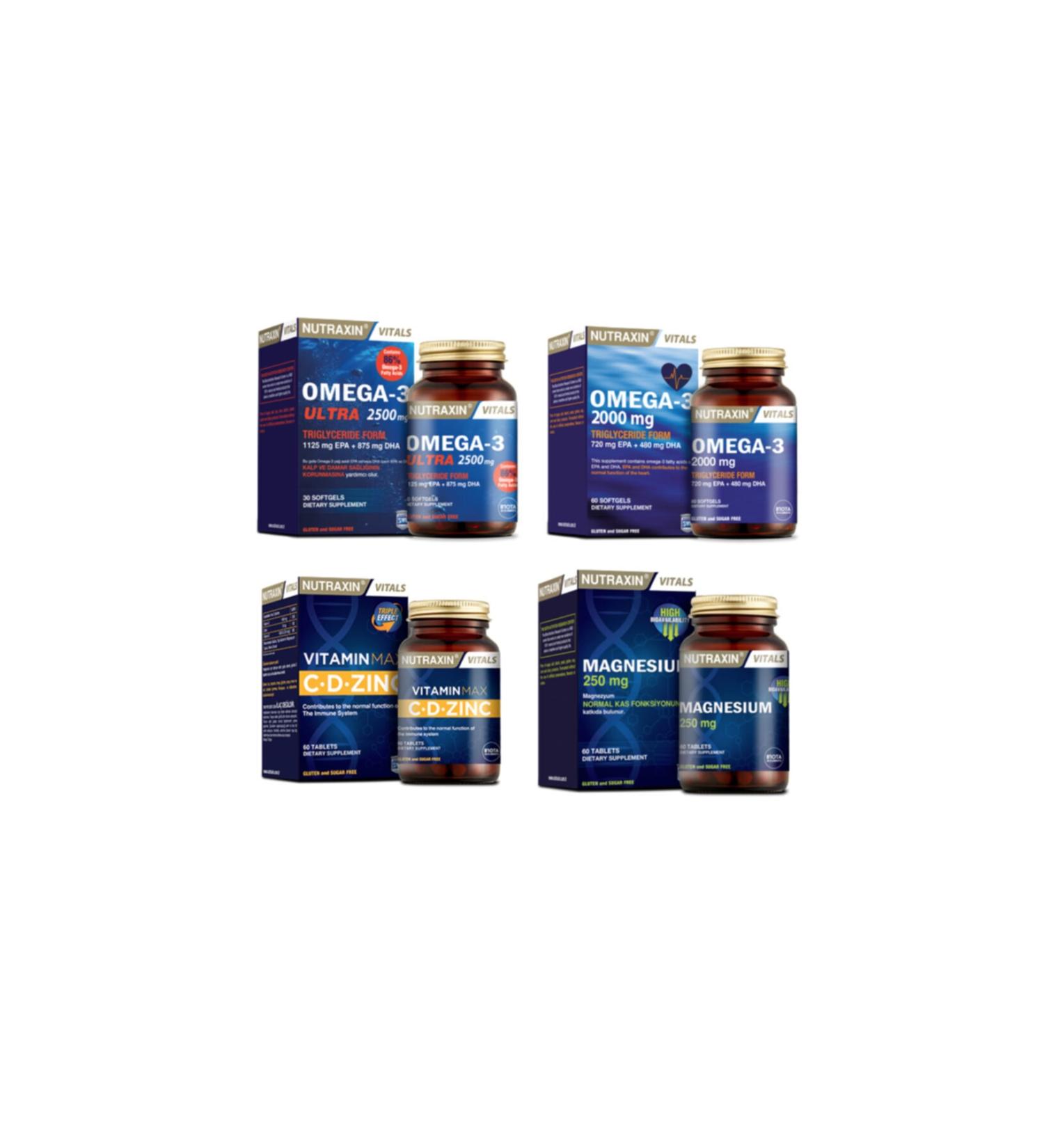 Nutraxin Omega 3 Ultra 2500 Mg 30 Capsules + omega 3 2000 Mg 60 Capsules + vitamin Max (c d zinc) 60 Tablets + magnesium