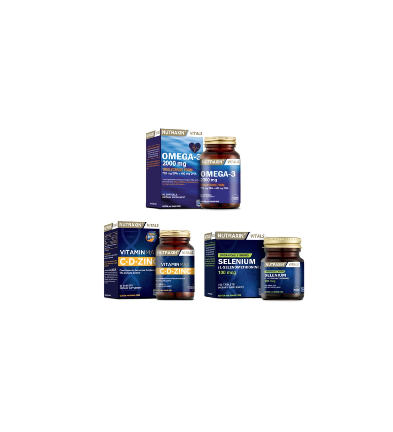 Nutraxin Omega 3 2000 Mg 60 Capsules + Vitamin Max (c d zinc) 60 Tablets + Selenium 100 Mcg 100 Tablets