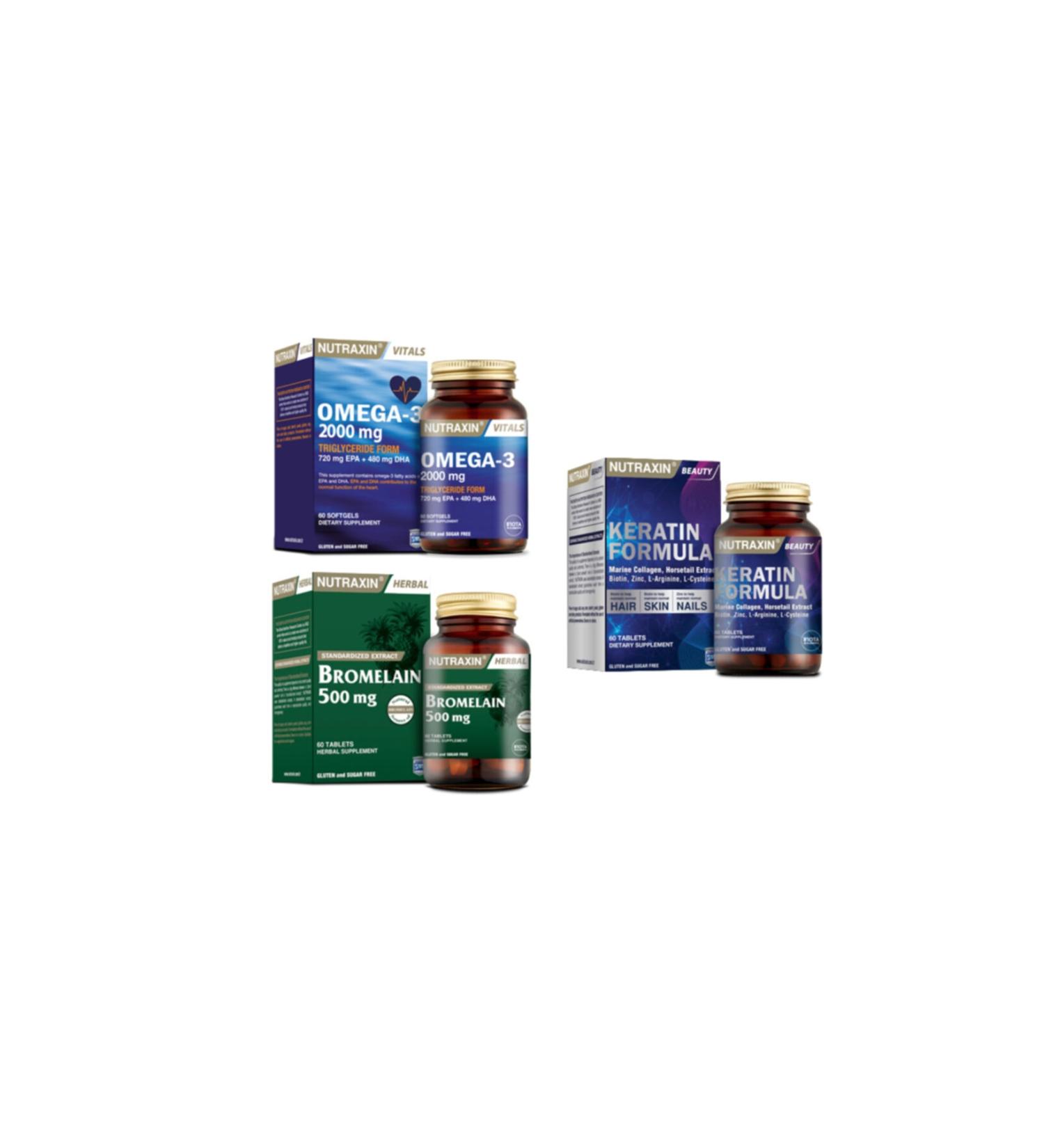 Nutraxin Omega 3 Fish Oil 2000 Mg 60 Capsules + Bromelain 60 Capsules + Keratin Formula 60 Tablets