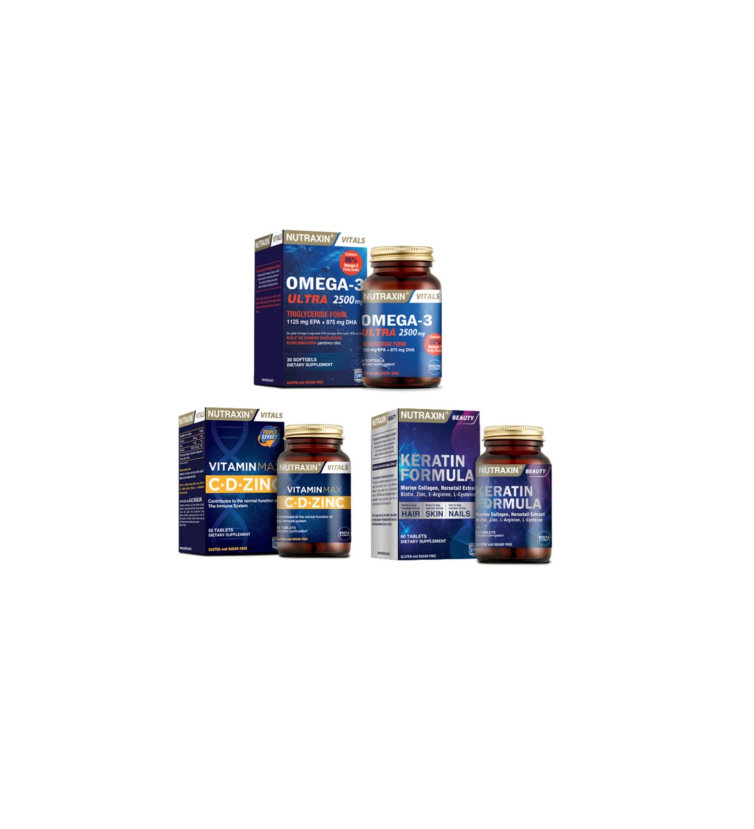 Nutraxin Omega 3 Ultra 2500 Mg 30 Capsules + Vitamin Max (c d zinc) 60 Tablets + Keratin for Hair and Nails