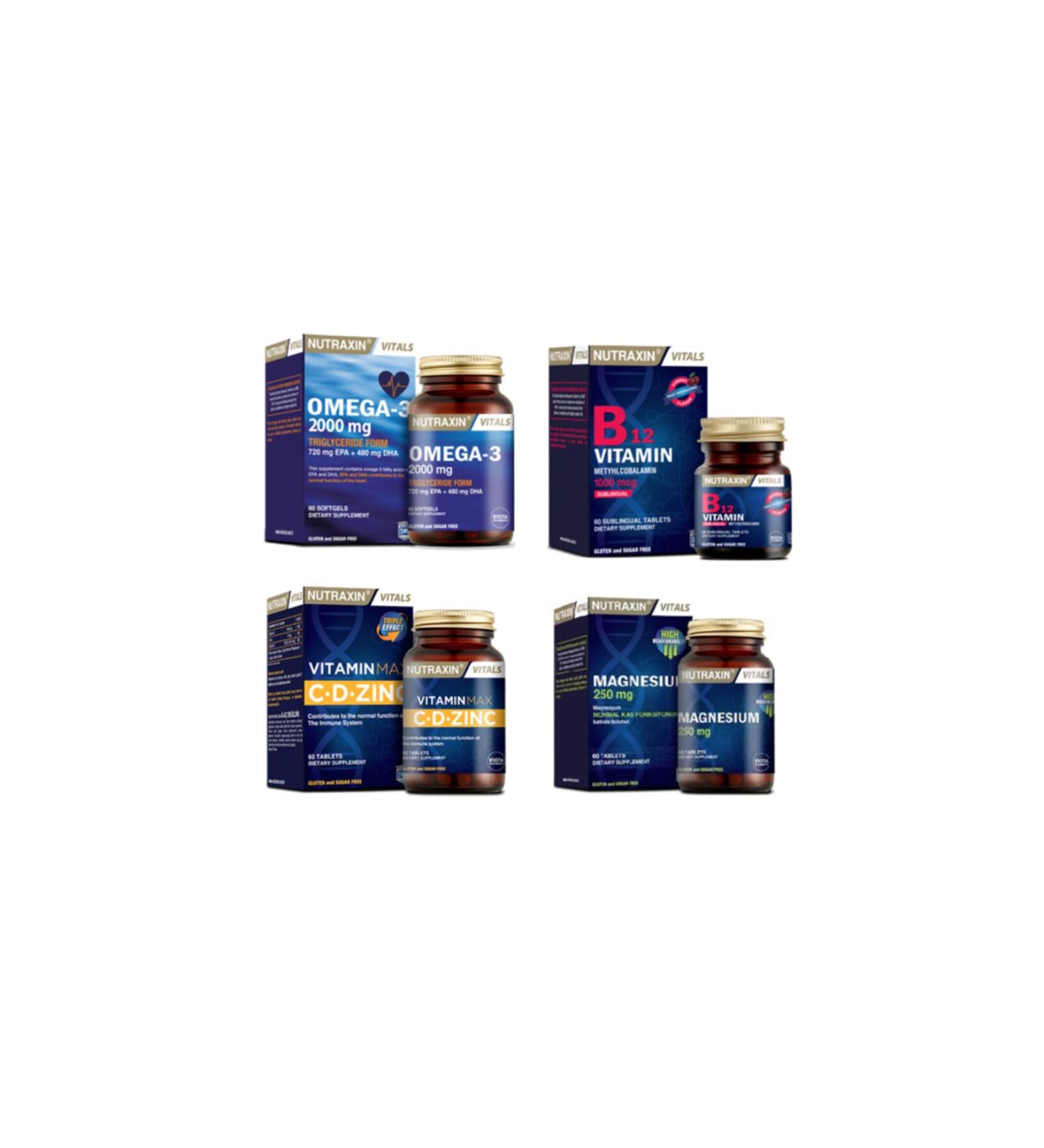 Nutraxin Omega 3 Fish Oil 2000 Mg 60 Capsules + Vitamin Max (c d zinc) + Vitamin B12 + Magnesium