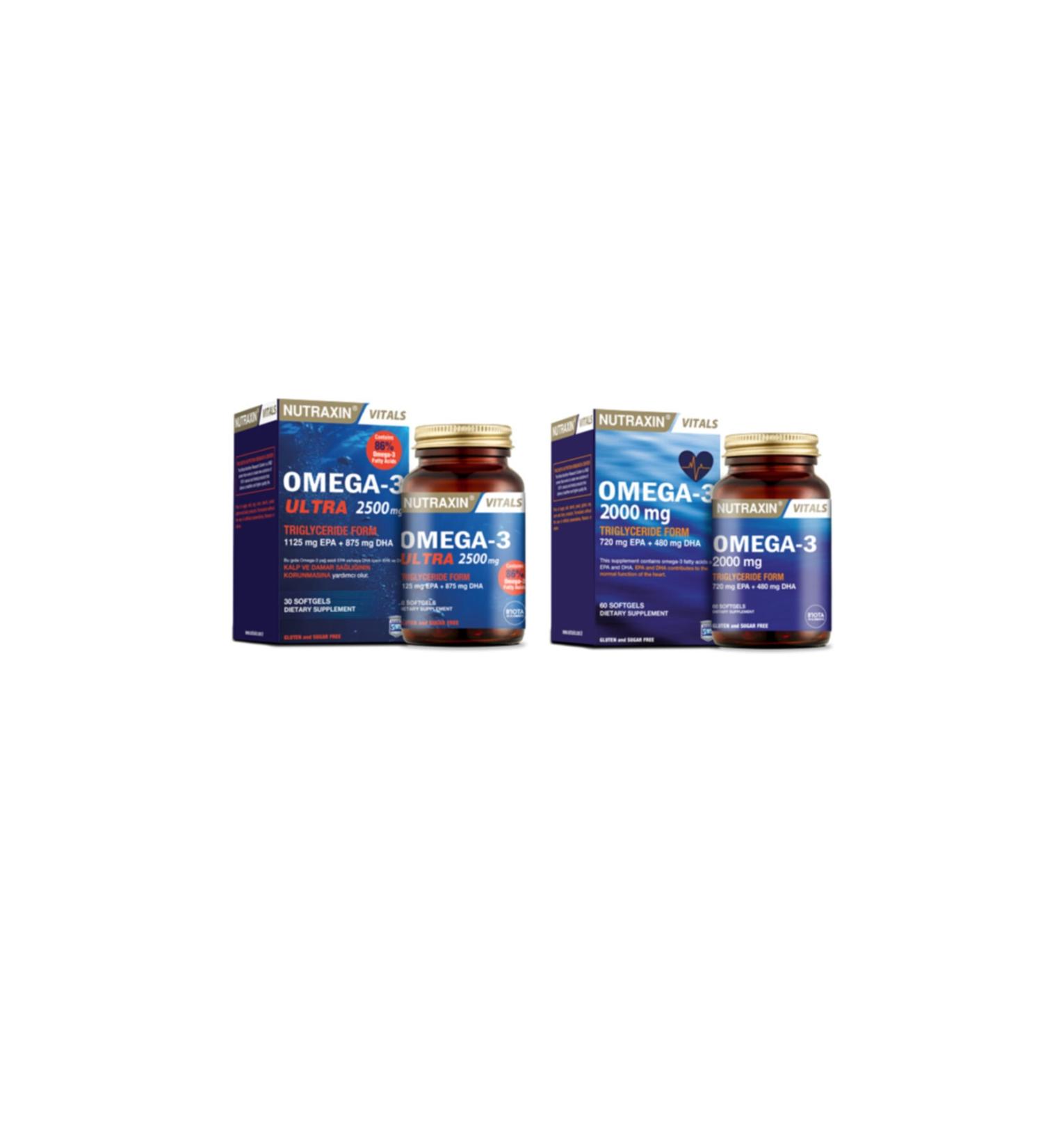 Nutraxin 2-Piece Fish Oil Set - Omega-3 Ultra 2500 Mg 30 Softgels + Omega-3 2000 Mg 60 Softgels