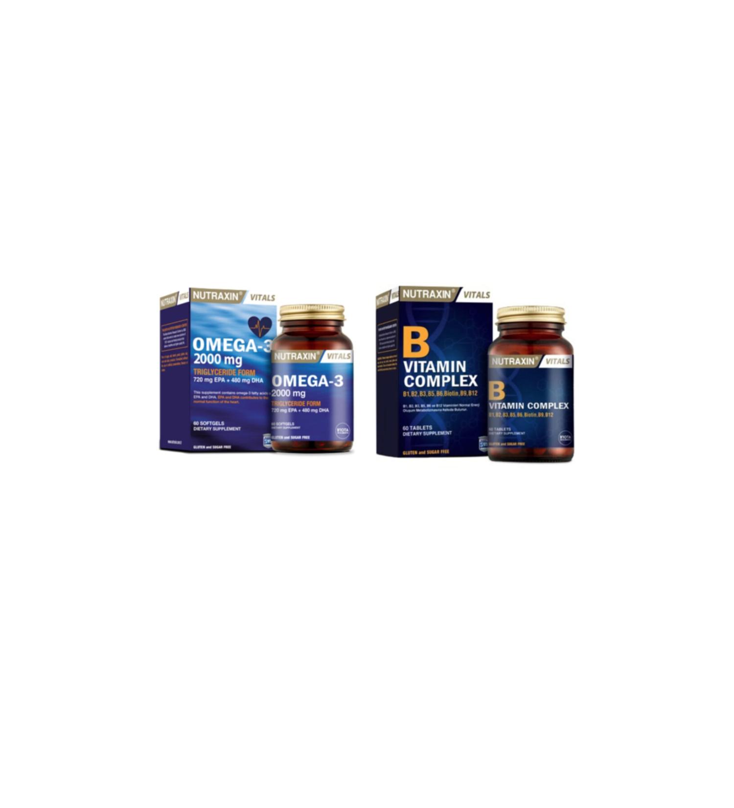 Nutraxin Omega 3 Fish Oil 2000 Mg 60 Capsules + Vitamin B Containing B1 B2 B3 B5 B6 B12 and Biotin 60 Tablets
