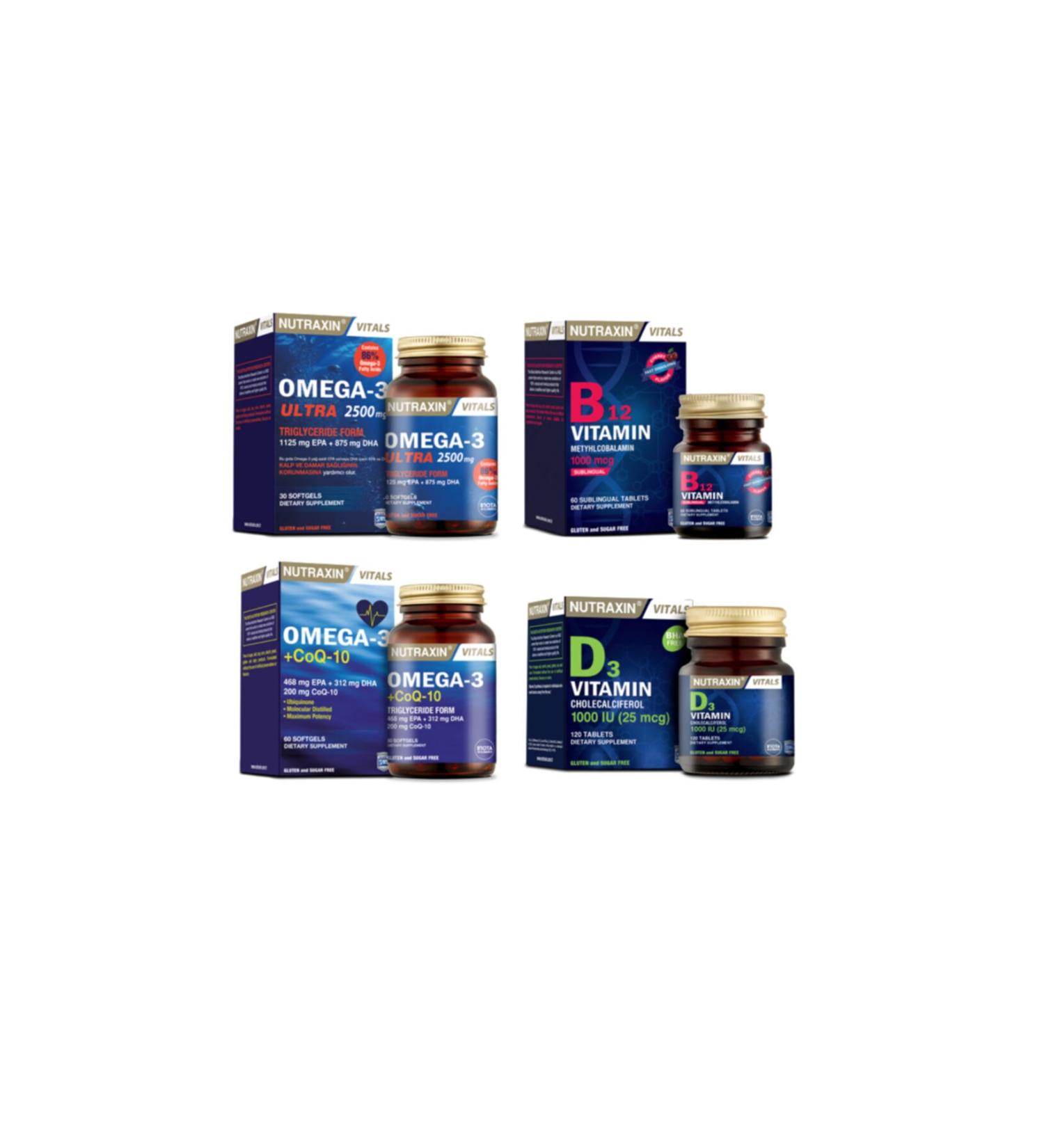 Nutraxin Omega 3 Ultra 2500 Mg 30 Capsules + Omega 3 +coq-10(coenzyme)60 Capsules + Vitamin B12 and D3