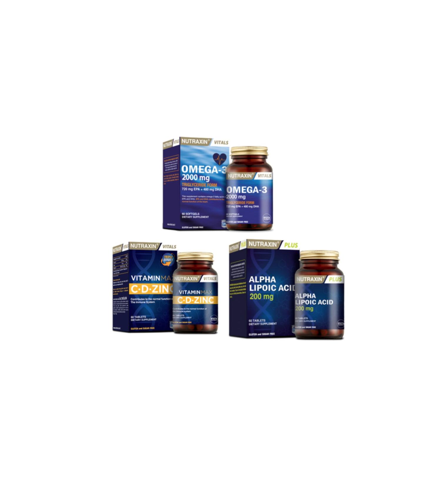 Nutraxin Omega 3 2000 Mg 60 Capsules + Vitamin Max (c d zinc) 60 Tablets + Alpha Lipoic Acid 60 Tablets