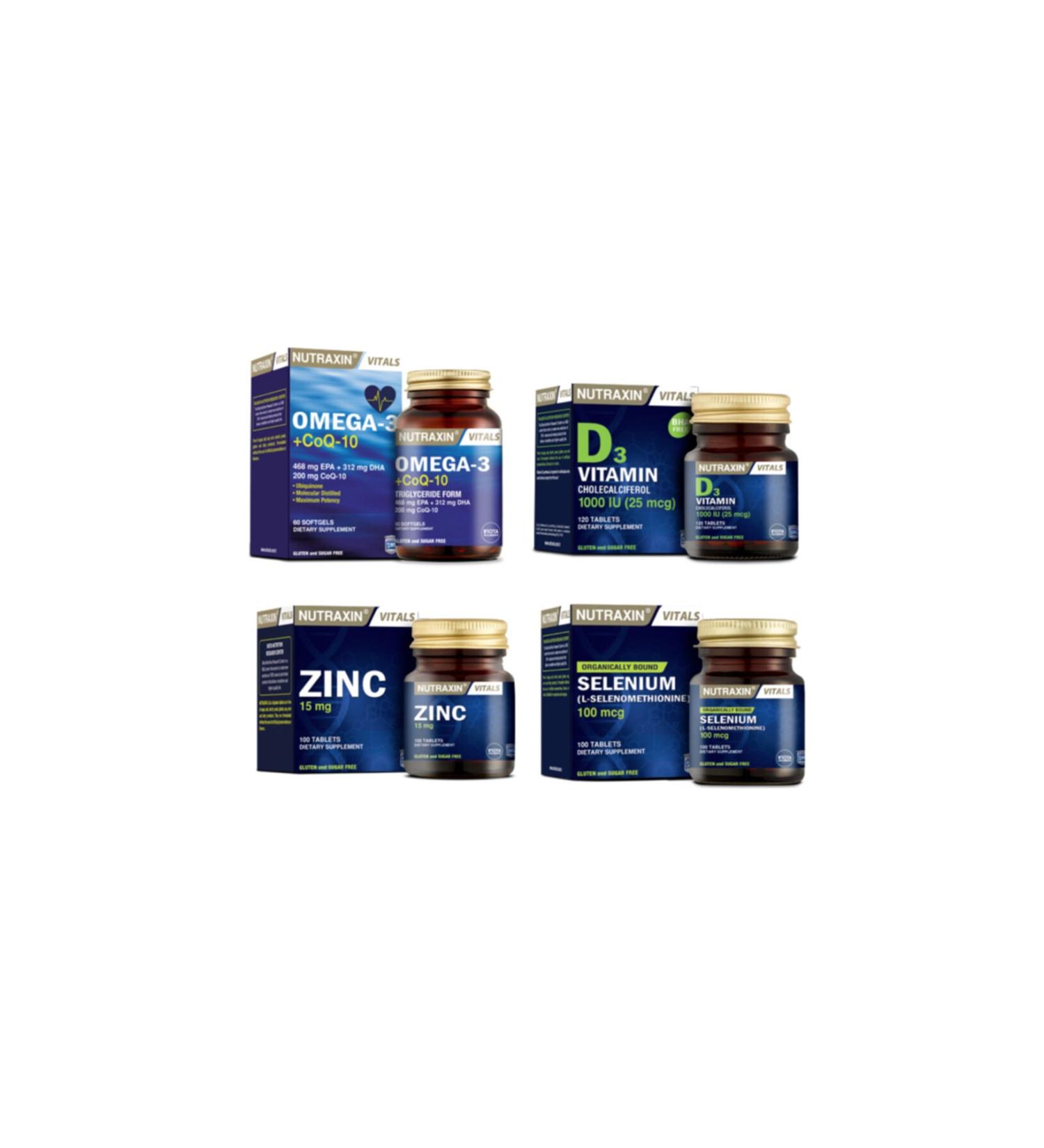 Nutraxin Omega 3 + coq-10 (coenzyme) 60 Capsules + selenium 100 Tablets + d3 Vitamin 120 Tablets + zinc 100 Tablets