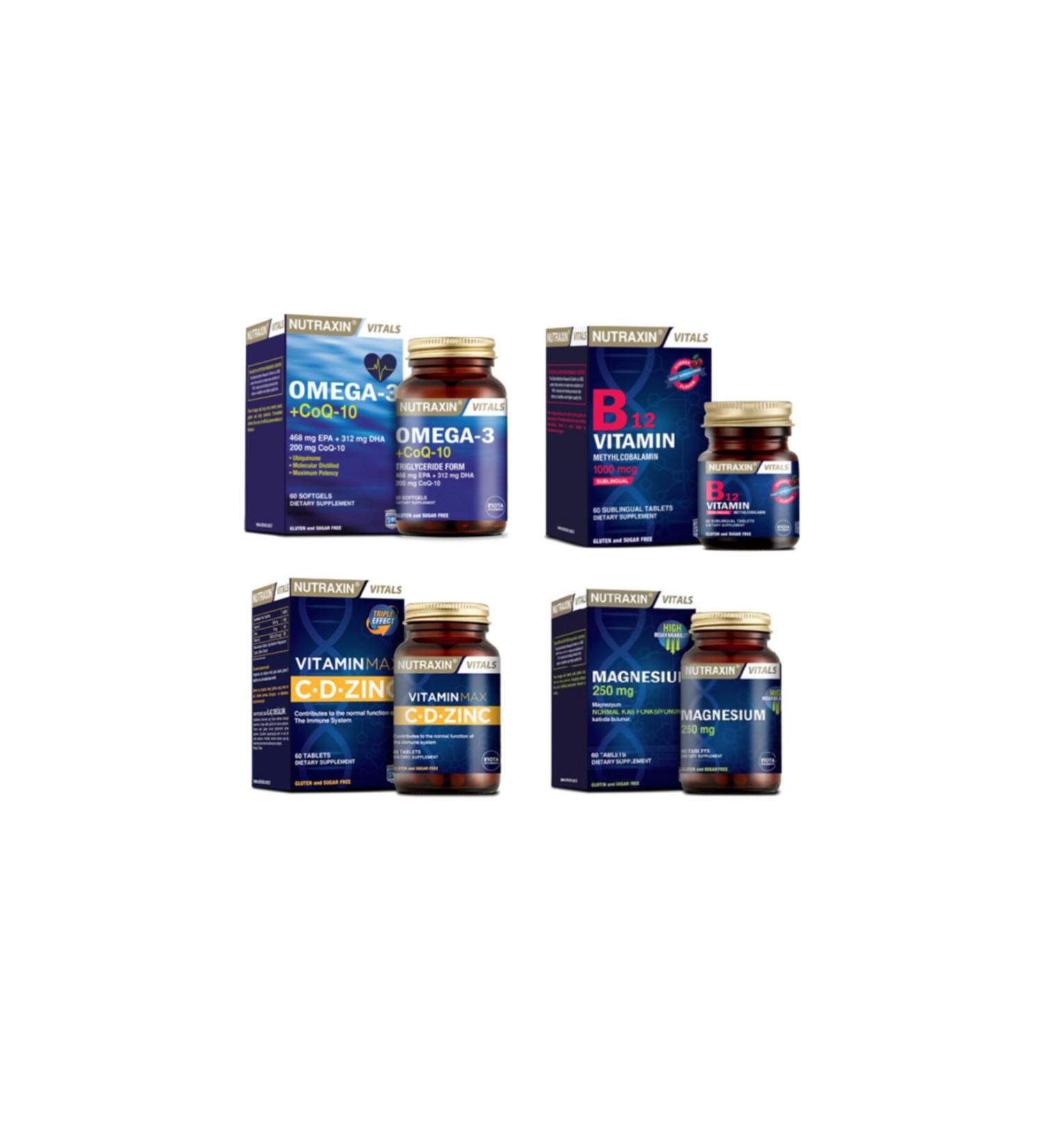 Nutraxin Omega 3 + coq-10 (coenzyme) 60 Capsules + Vitamin Max (c d zinc) + Vitamin B12 + Magnesium