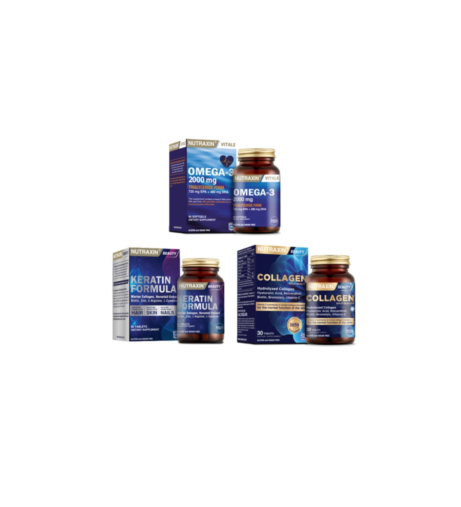 Nutraxin Omega 3 Fish Oil 2000 Mg 60 Capsules + Hydrolyzed Collagen 30 Tablets + Keratin Formula 60 Tablets