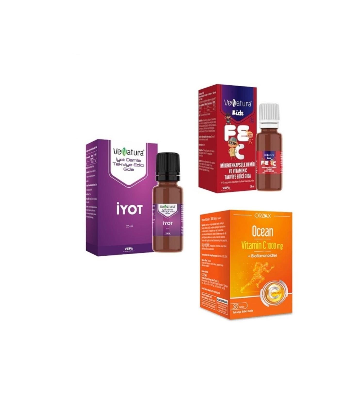 Venatura Iodine 25 Ml 150 Mg + Iron and Vitamin C Support for Children + Ocean Vitamin C 1000 Mg 30 Tablets