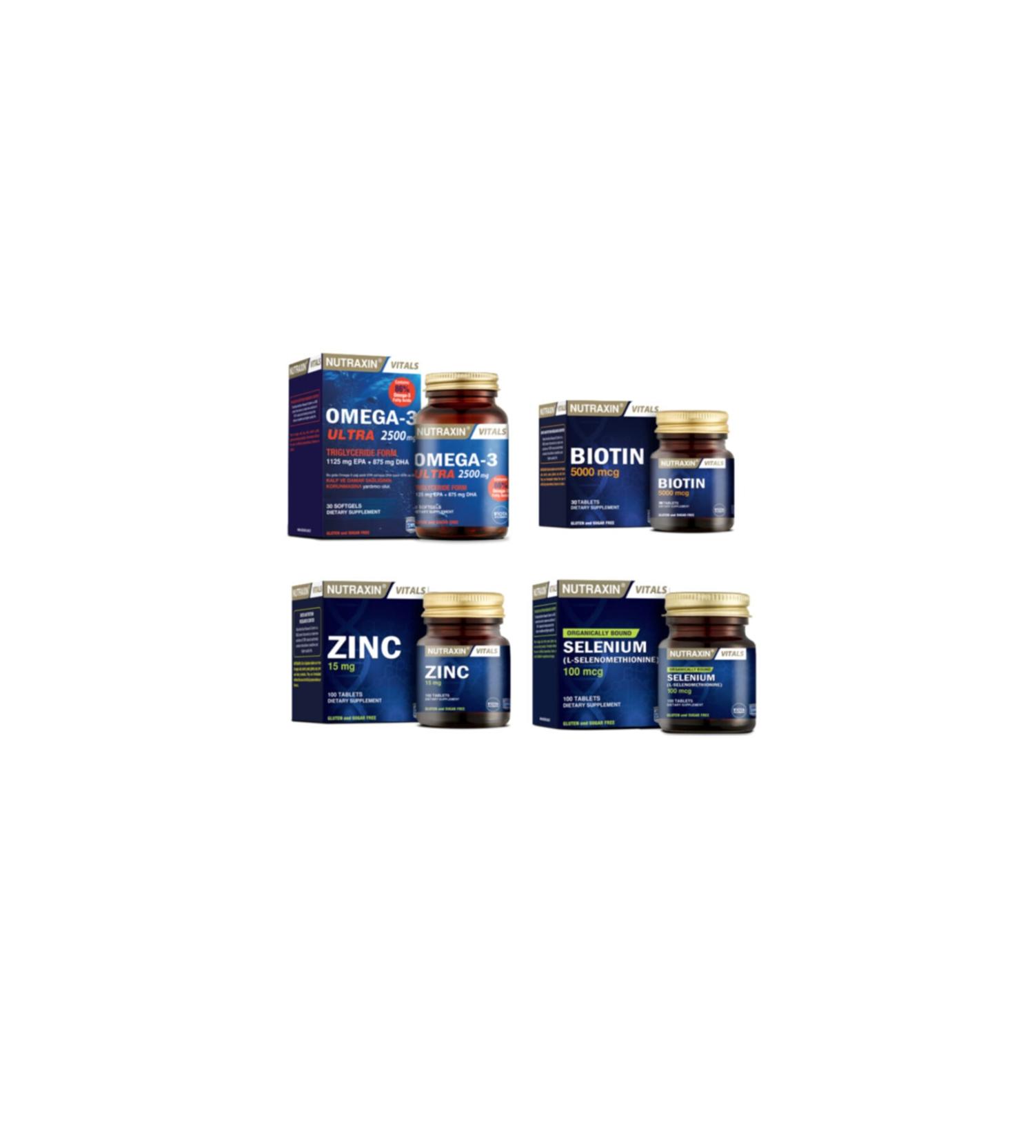 Nutraxin Omega 3 Ultra 2500 Mg Fish Oil 30 Capsules + Selenium 100 Tablets + Biotin 30 Tablets + Zinc 100 Tablets