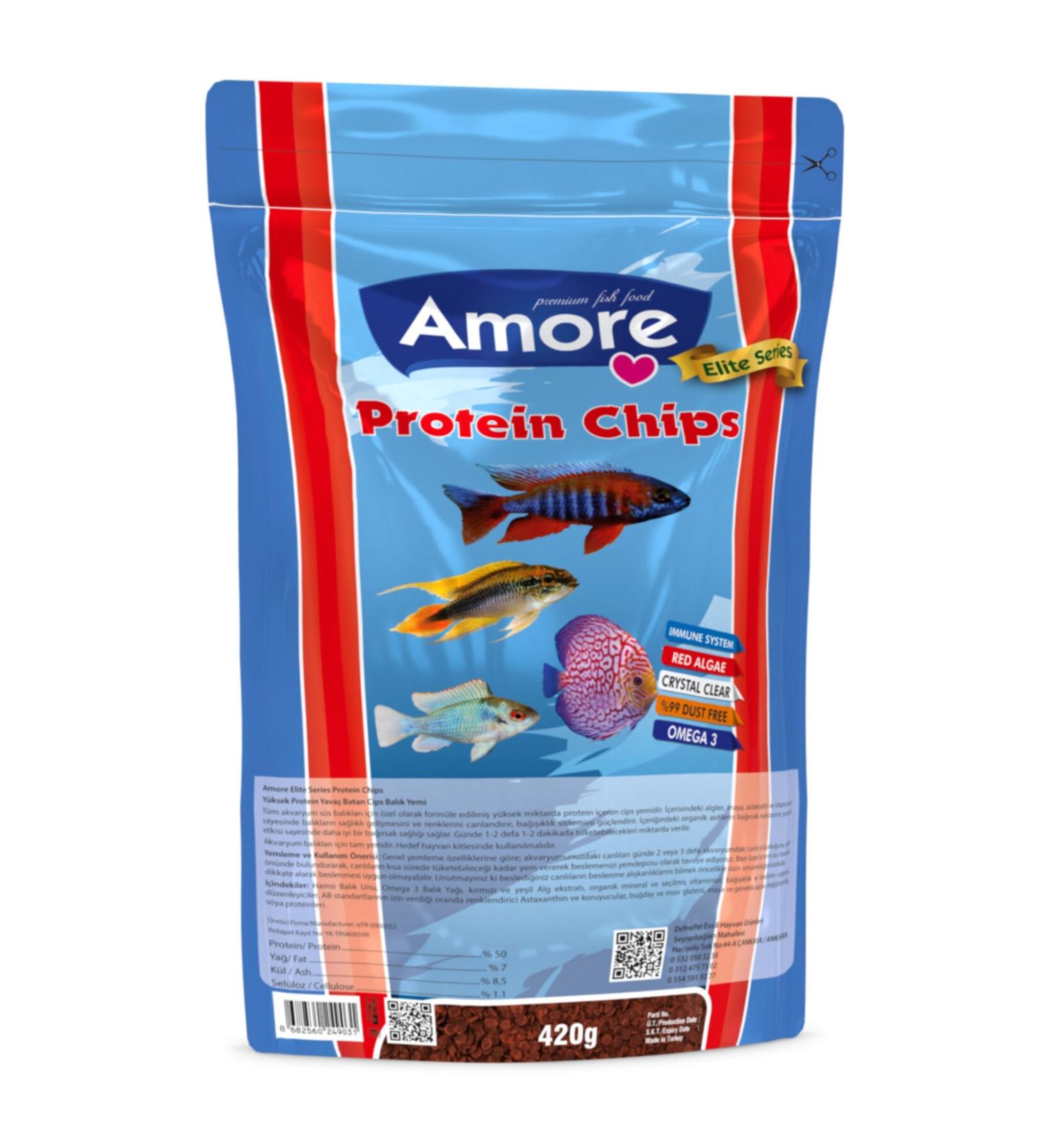 AMORE Elite Protein Pro Chips Malawi Cichlid 420 Gr Immune Protect Omega-3 Crisps Gum Bag Fish Food