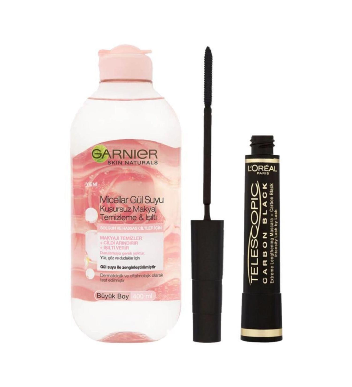 Garnier Micellar Rose Water Makeup Remover and Loreal Paris Telescopic Carbon Black Mascara