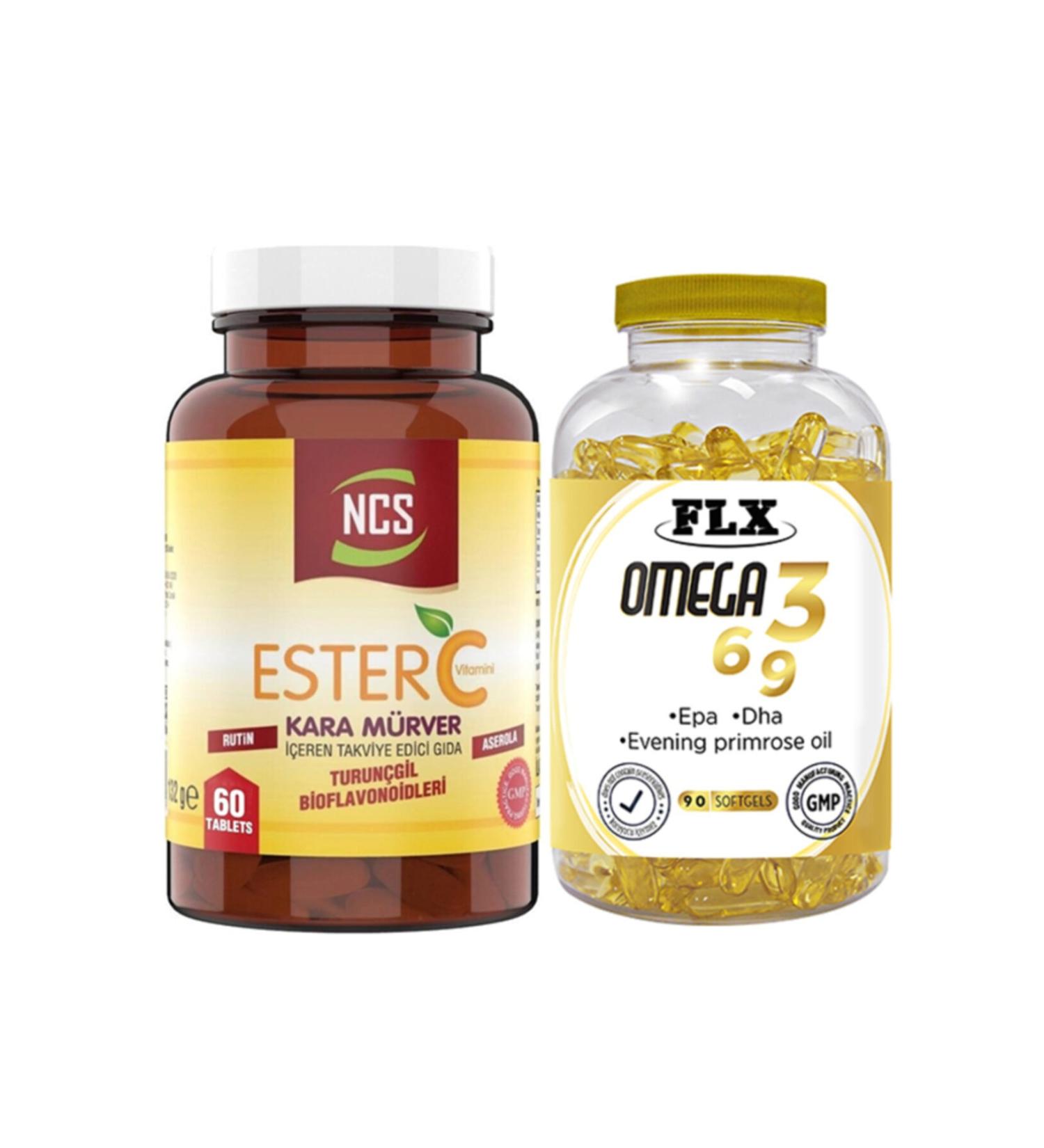 Ncs Ester Vitamin C 1000 Mg Black Elderberry 60 Tablets Vitamin C & Flx Omega 3-6-9 Fish Oil 90 Softgel