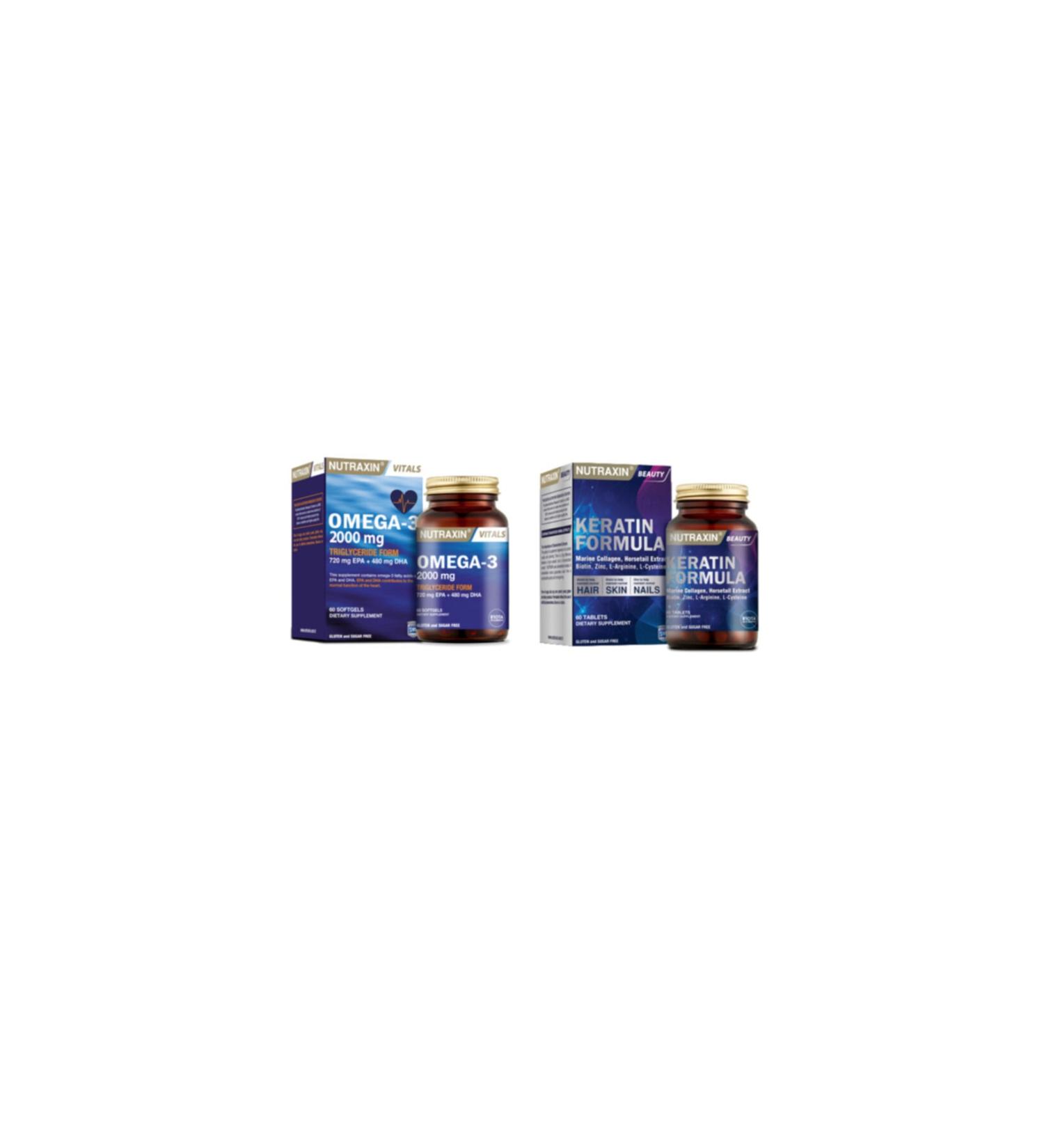 Nutraxin Omega 3 Fish Oil 2000 Mg 60 Softgels + Keratin Formula 60 Tablets