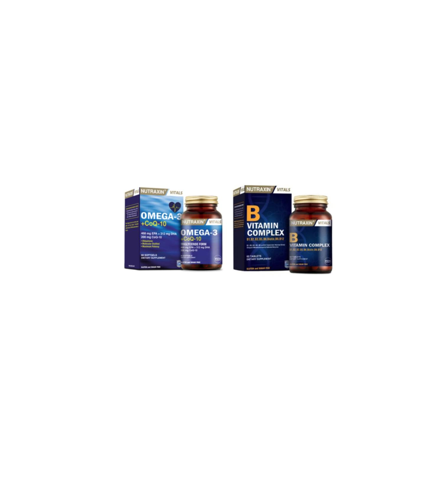 Nutraxin Omega-3 +coq-10 60 Softgels + Vitamin B Containing B1 B2 B3 B5 B6 B12 and Biotin 60 Tablets