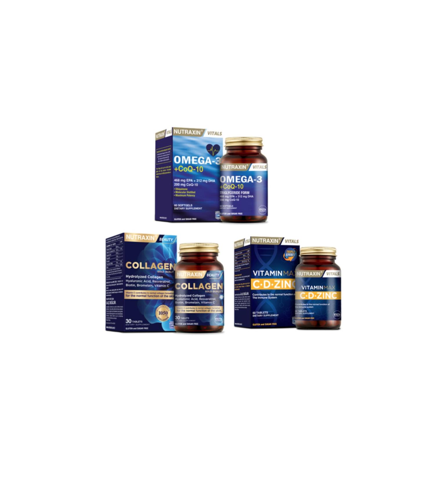Nutraxin Omega 3 + coq-10 (coenzyme) 60 Capsules + Hydrolyzed Collagen 30 Tablets + Vitamin Max (c d zinc)60 Tablets