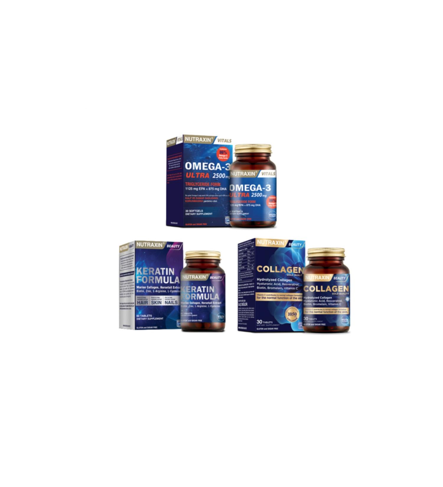 Nutraxin Omega 3 Ultra 2500 Mg Fish Oil 30 Capsules + Hydrolyzed Collagen 30 Tablets + Keratin Formula 60 Tablets