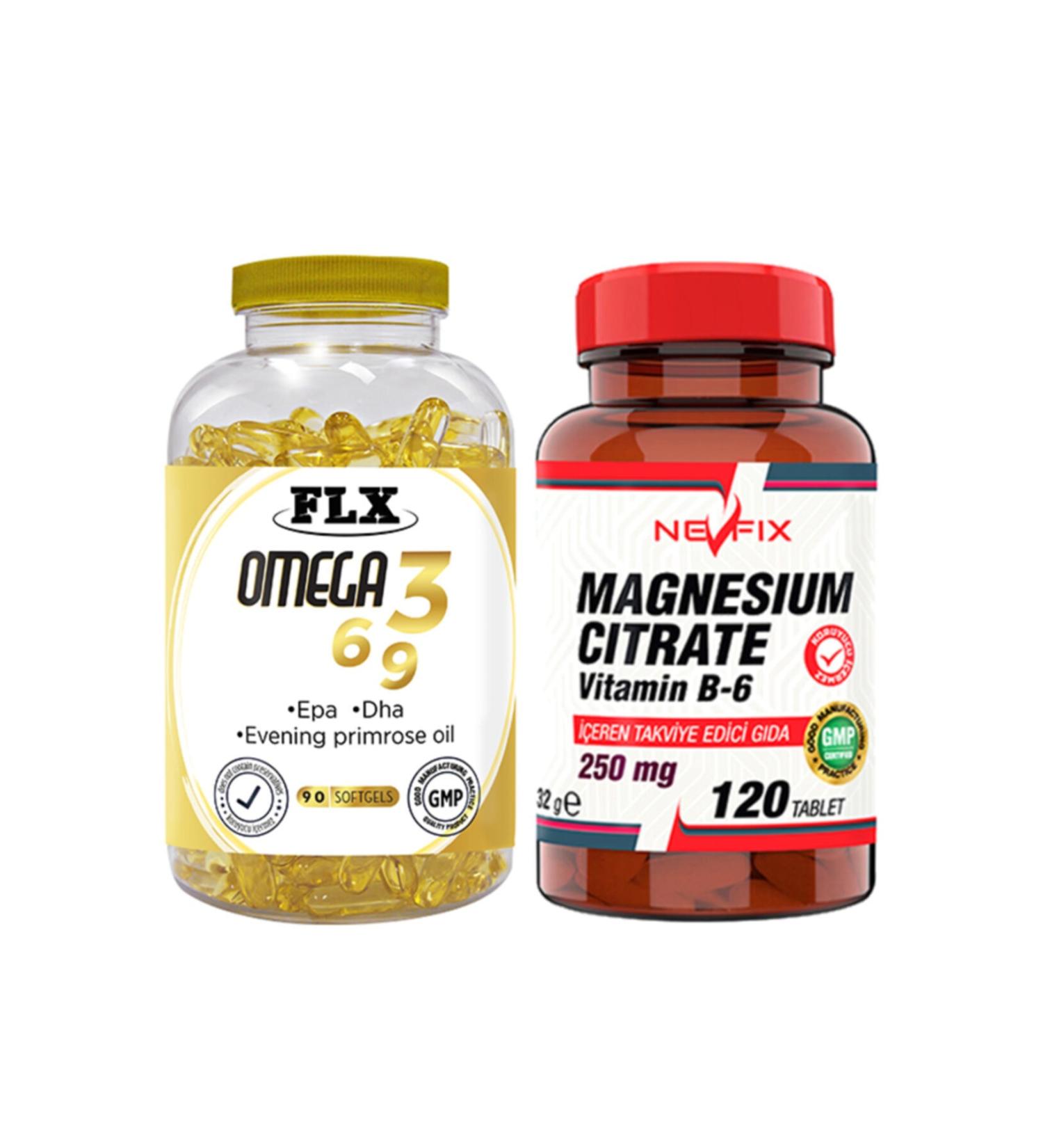 FLX Omega 3-6-9 Fish Oil 90 Softgel & Nevfix Magnesium Citrate Vitamin B-6 120 Tablets