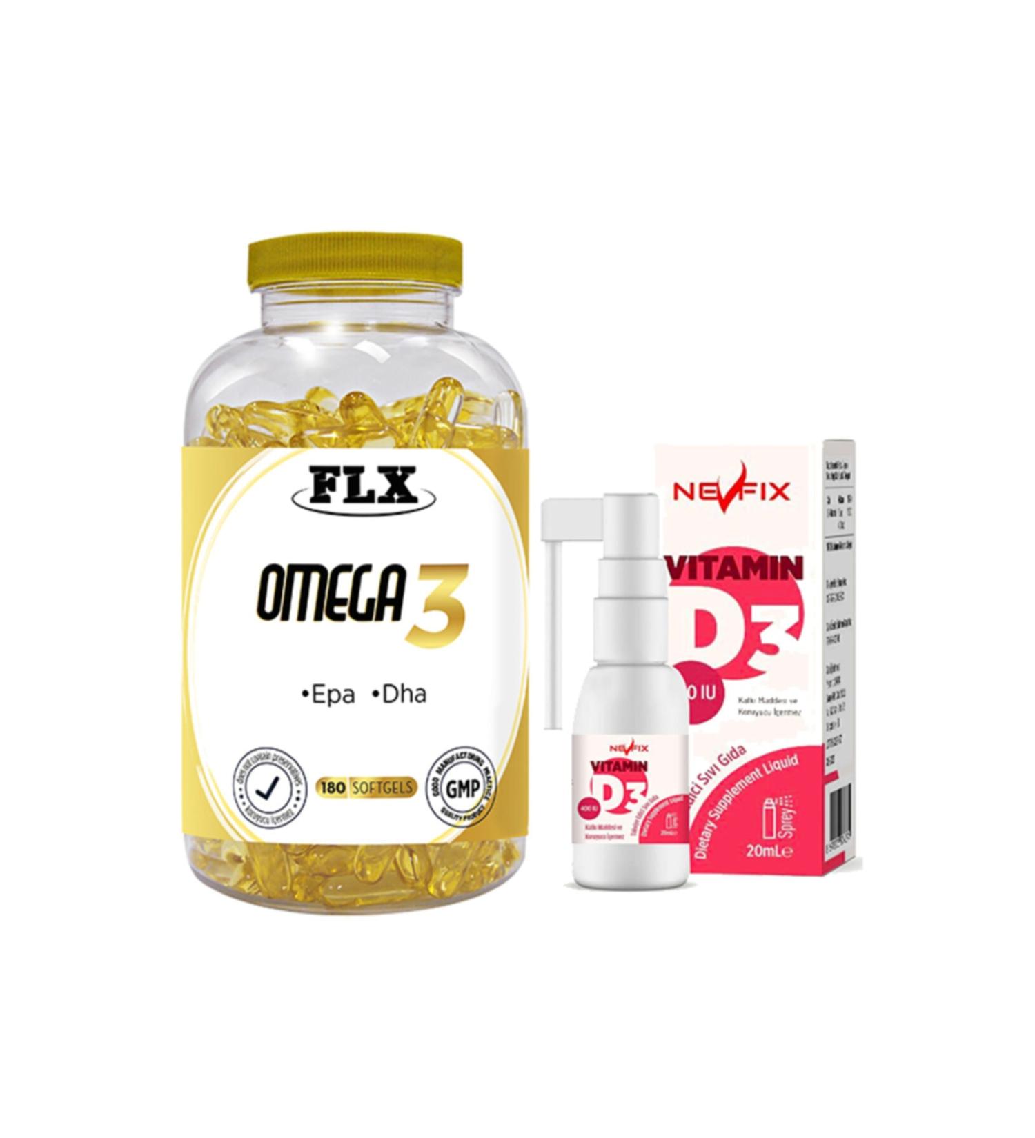 FLX Omega 3 180 Softgel & Nevfix Vitamin D3 Liquid 20 Ml