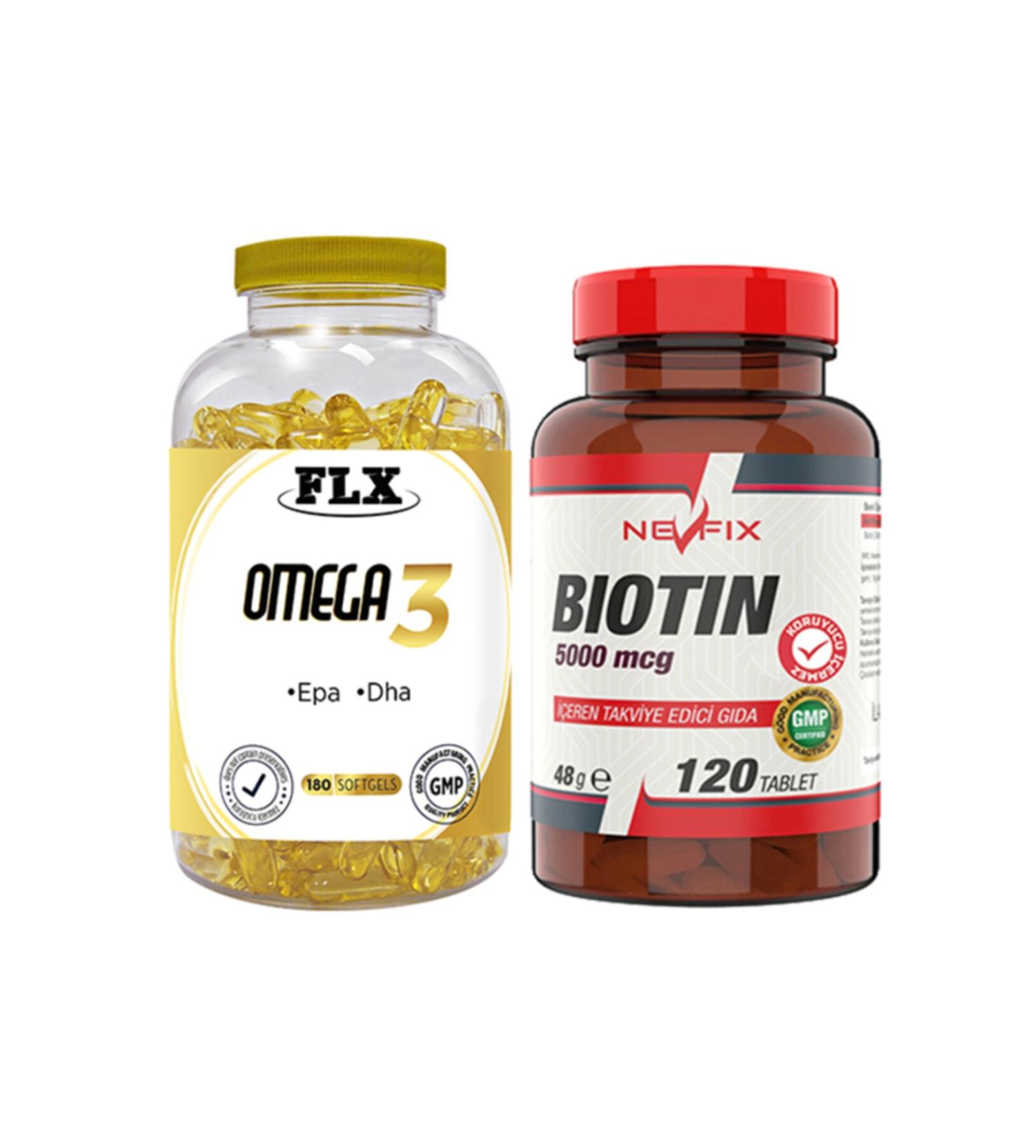 FLX Omega 3 Fish Oil 180 Softgel & Nevfix Biotin 5000 Mcg 120 Tablets