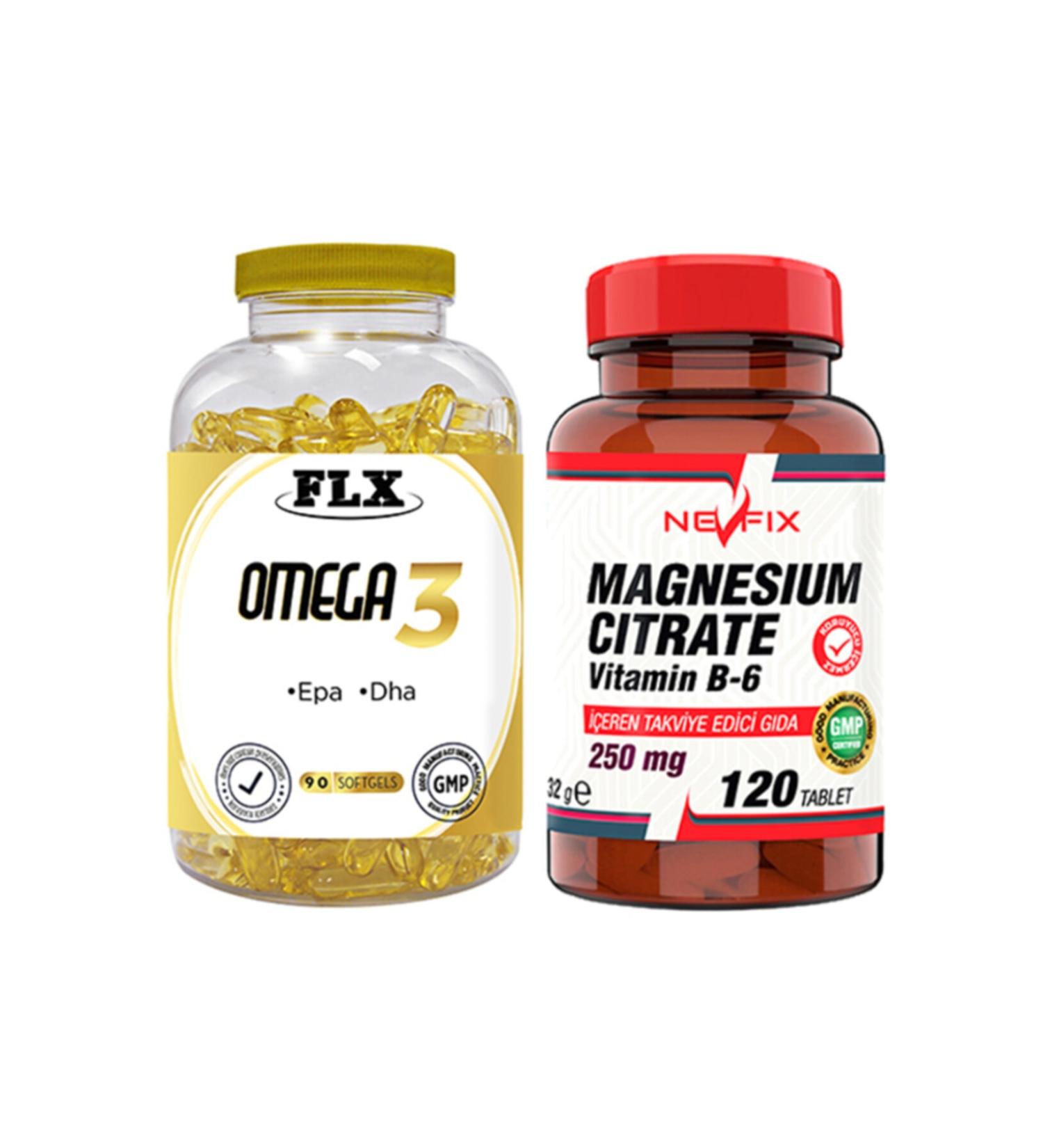 FLX Omega 3 Fish Oil 90 Softgel & Nevfix Magnesium Citrate Vitamin B-6 120 Tablets