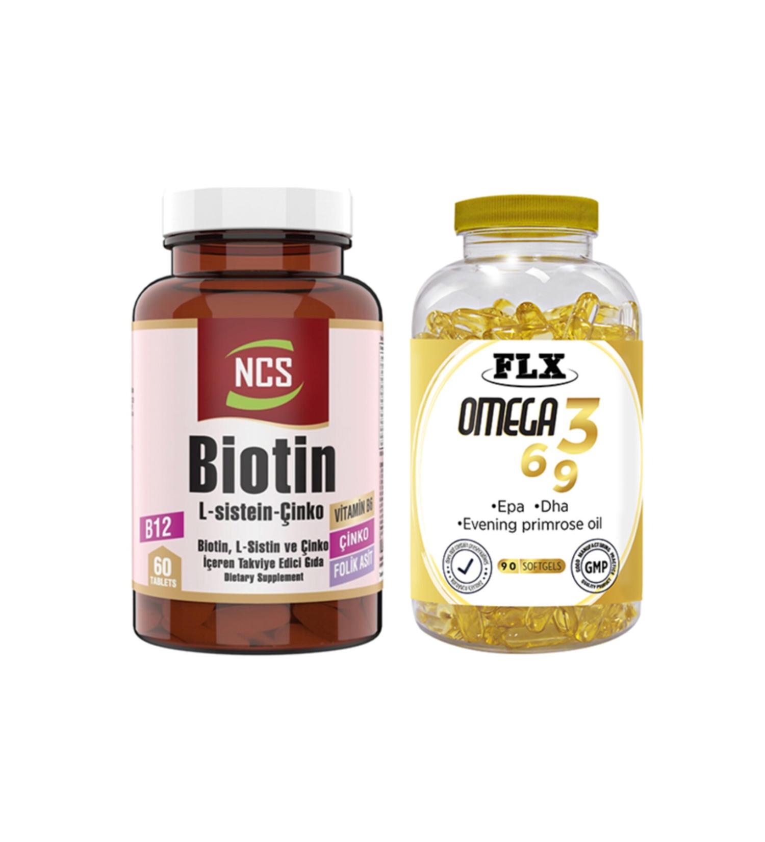 Ncs Biotin 2500 Mcg 60 Tablets L Cysteine Zinc & Flx Omega 3-6-9 90 Tablets
