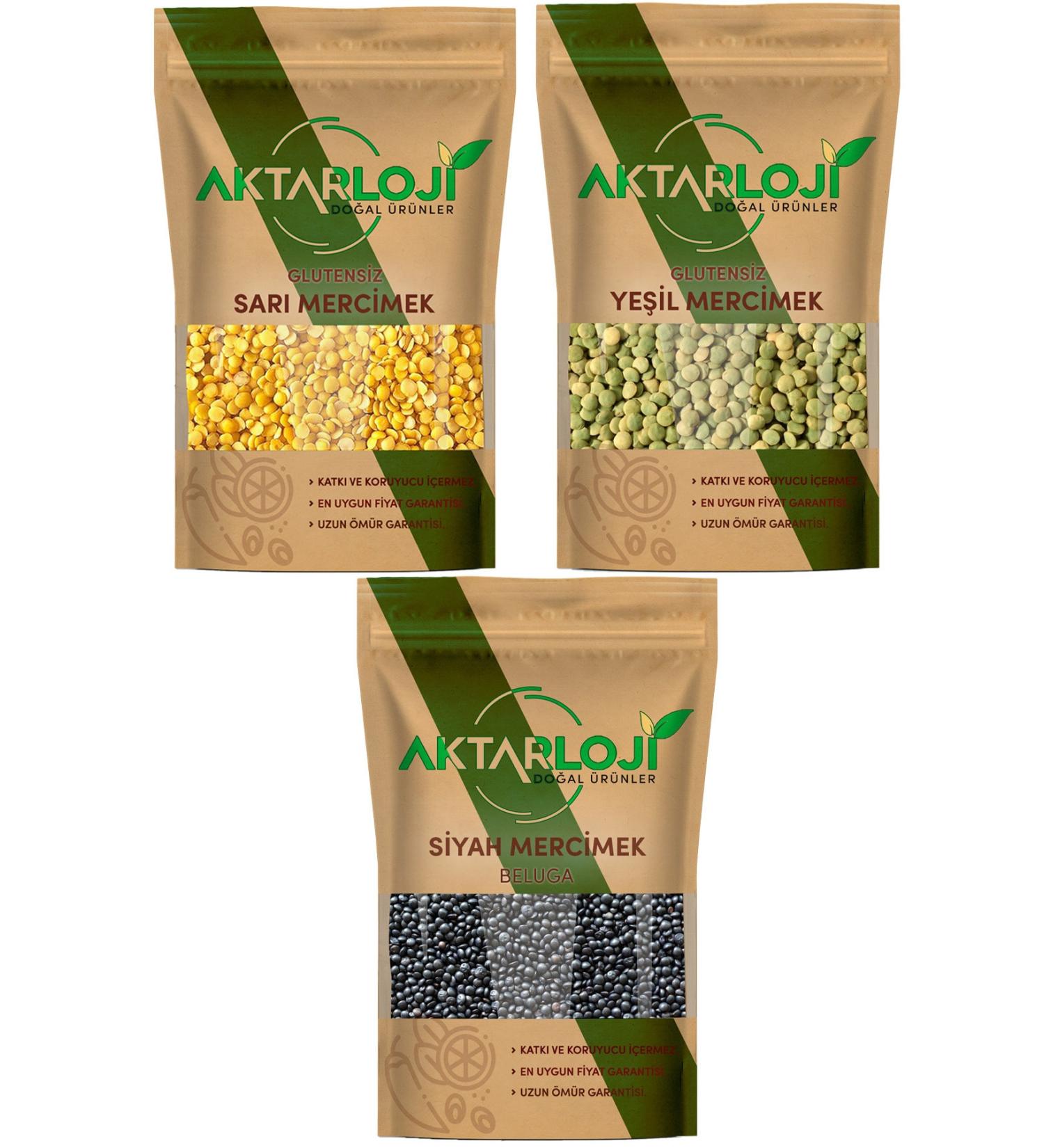 Aktarloji 3-Pack Gluten-Free 250 gr Beluga Lentils + 250 gr Yellow Lentils + 250 gr Green Lentils