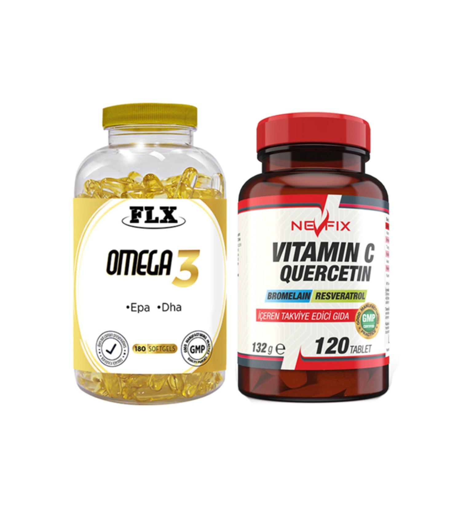 FLX Omega 3 Fish Oil 180 Softgel & Nevfix Vitamin C Quercetin Bromelain 120 Tablets