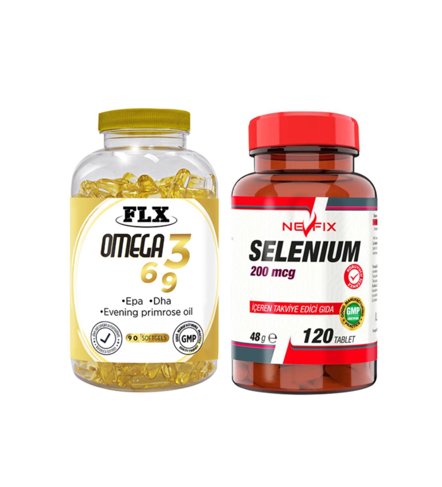 FLX Omega 3-6-9 Fish Oil 90 Softgel & Nevfix Selenium 200 Mcg 120 Tablets