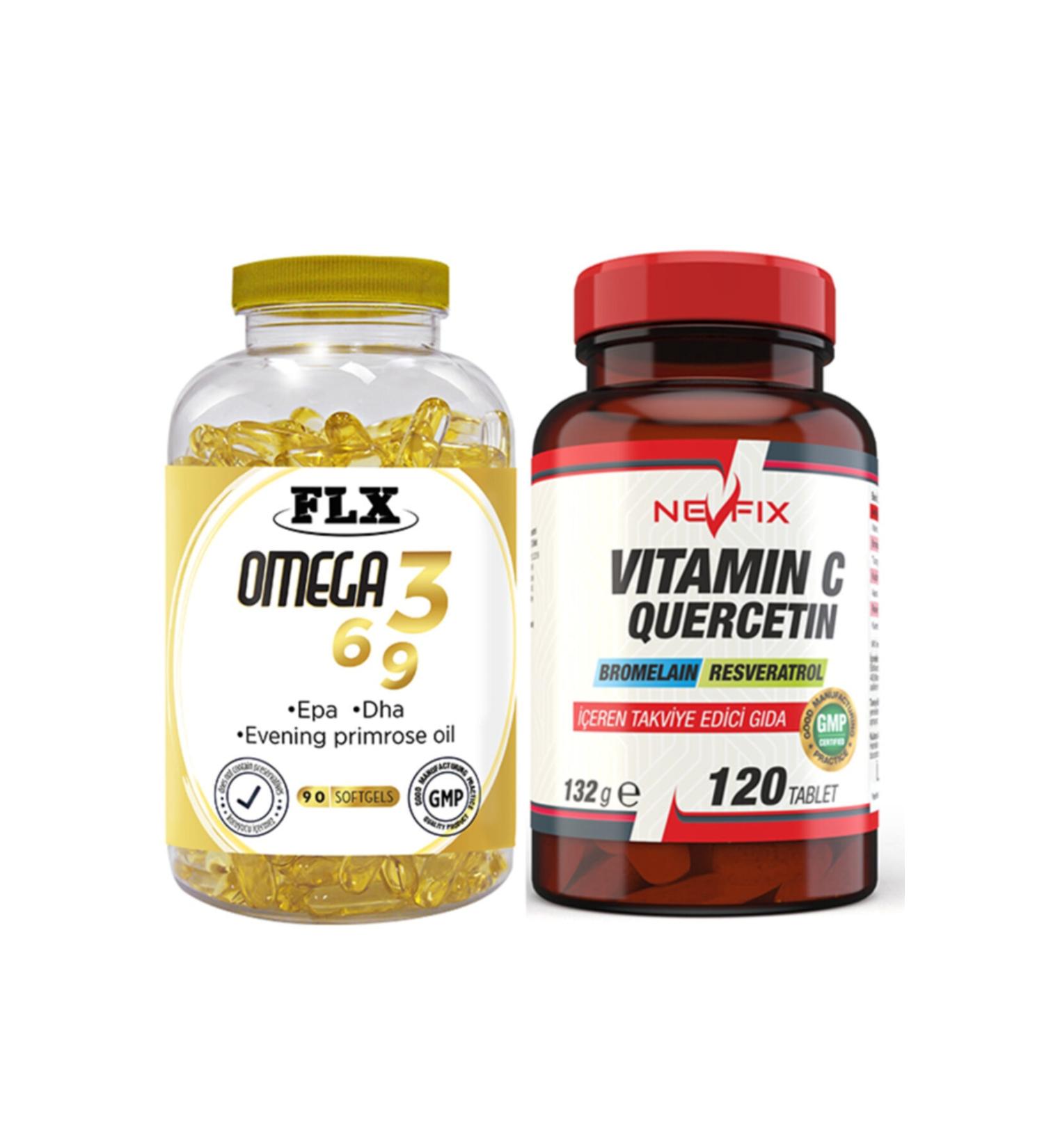 FLX Omega 3-6-9 Fish Oil 90 Softgel And Nevfix Vitamin C Quercetin Bromelain 120 Tablets