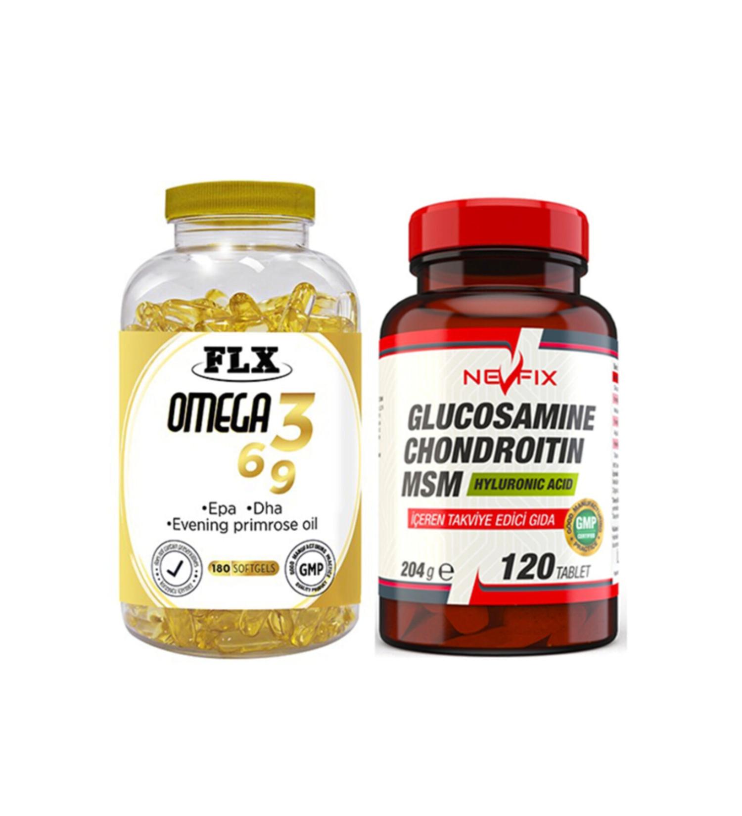 FLX Omega 3-6-9 Fish Oil 180 Softgel & Nevfix Glucosamine Chondroitin Msm 120 Tablets