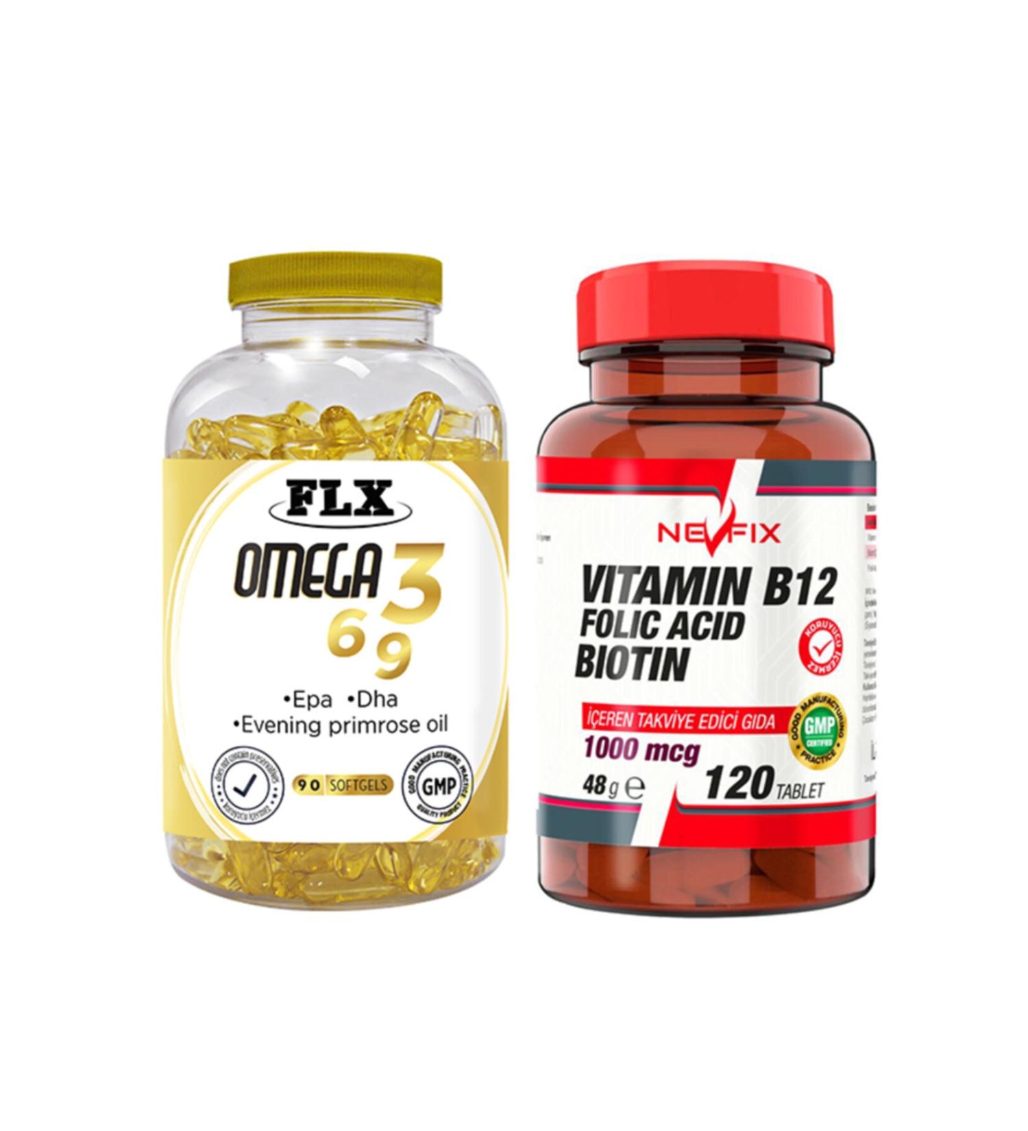 FLX Omega 3-6-9 Fish Oil 90 Softgel & Nevfix Vitamin B12 1000 Mcg 120 Tablets