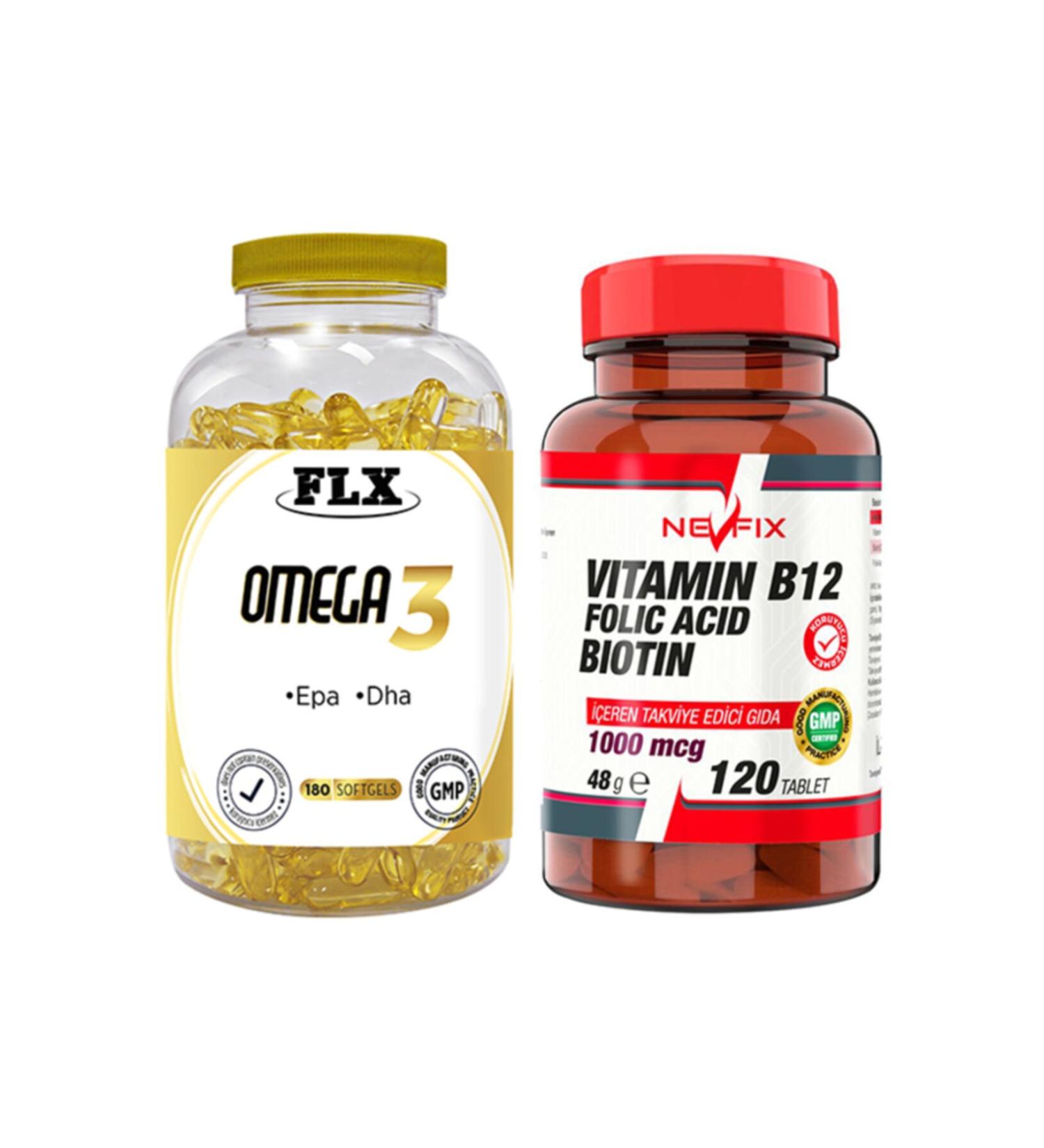 FLX Omega 3 Fish Oil 180 Softgel & Nevfix Vitamin B12 1000 Mcg 120 Tablets