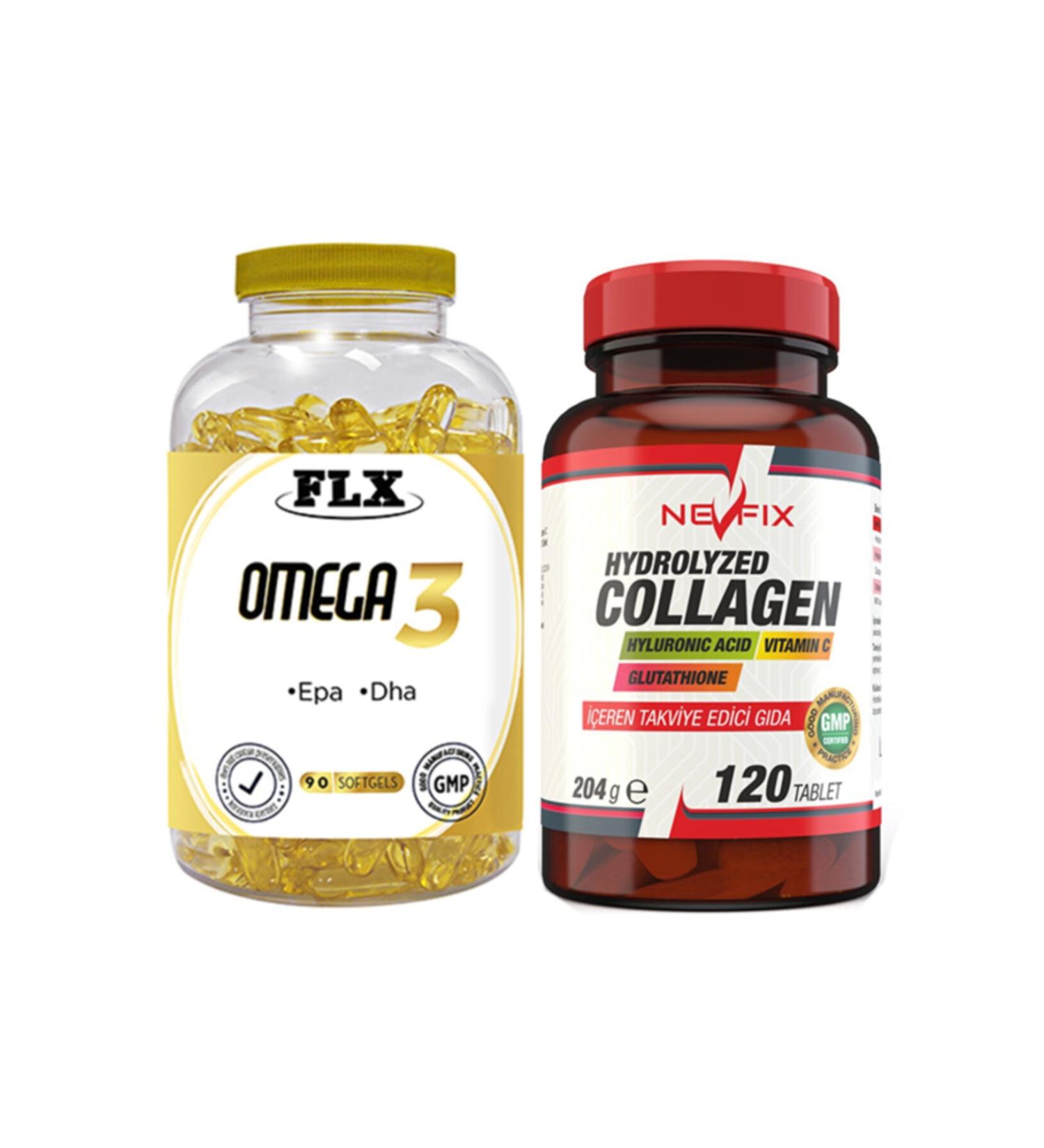FLX Omega 3 Fish Oil 90 Softgel & Nevfix Collagen Hyluronic Acid Vitamin C Glutathione 120 Tablets