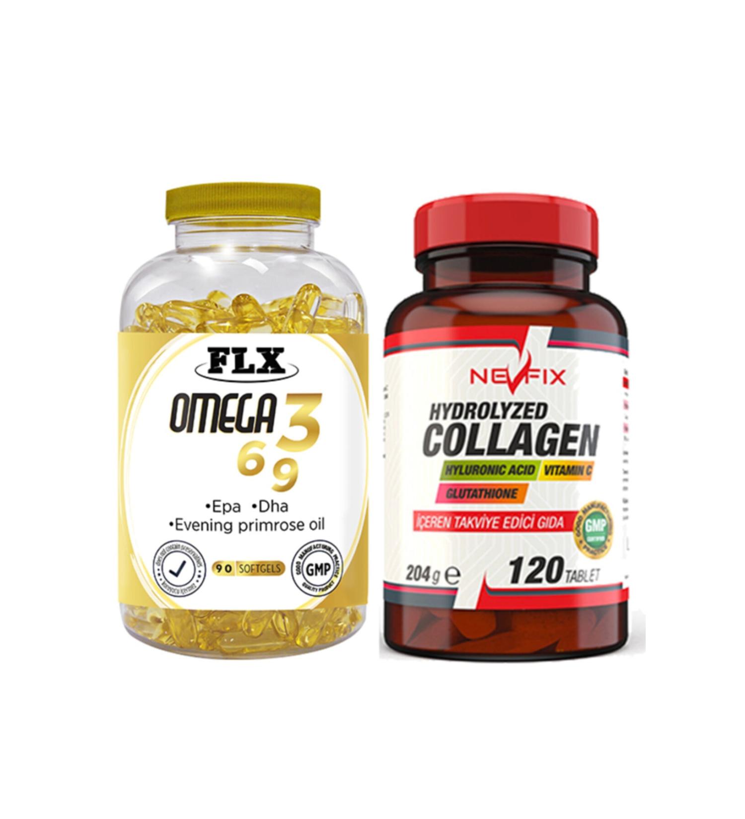 FLX Omega 3-6-9 Fish Oil 90 Softgel & Nevfix Collagen Glutathione Hyaluronic Vitamin C 120 Tablets