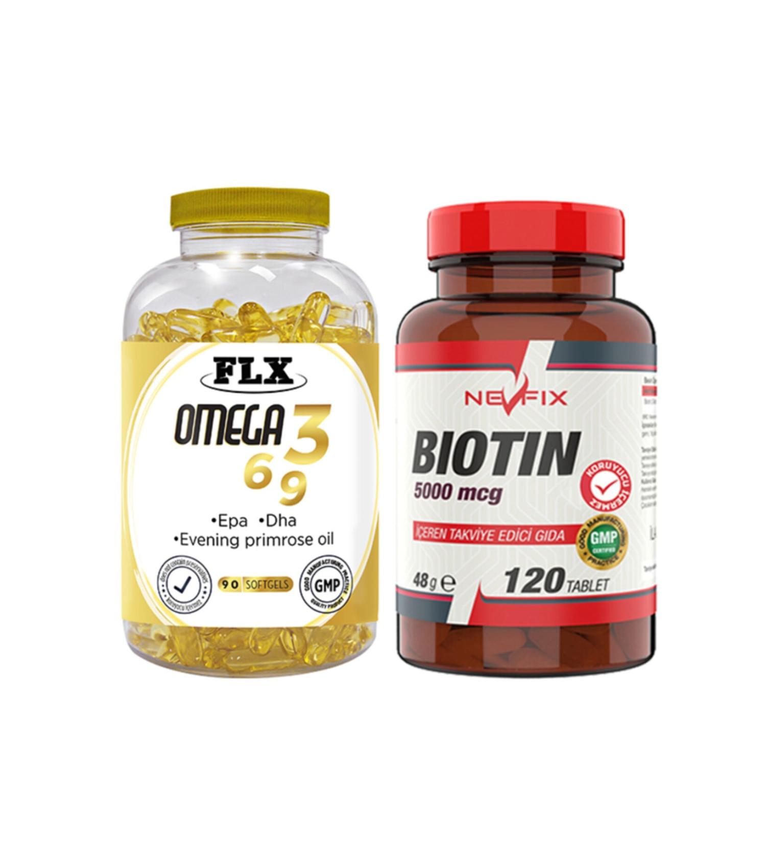 FLX Omega 3-6-9 Fish Oil 90 Softgel & Nevfix Biotin 5000 Mcg 120 Tablets