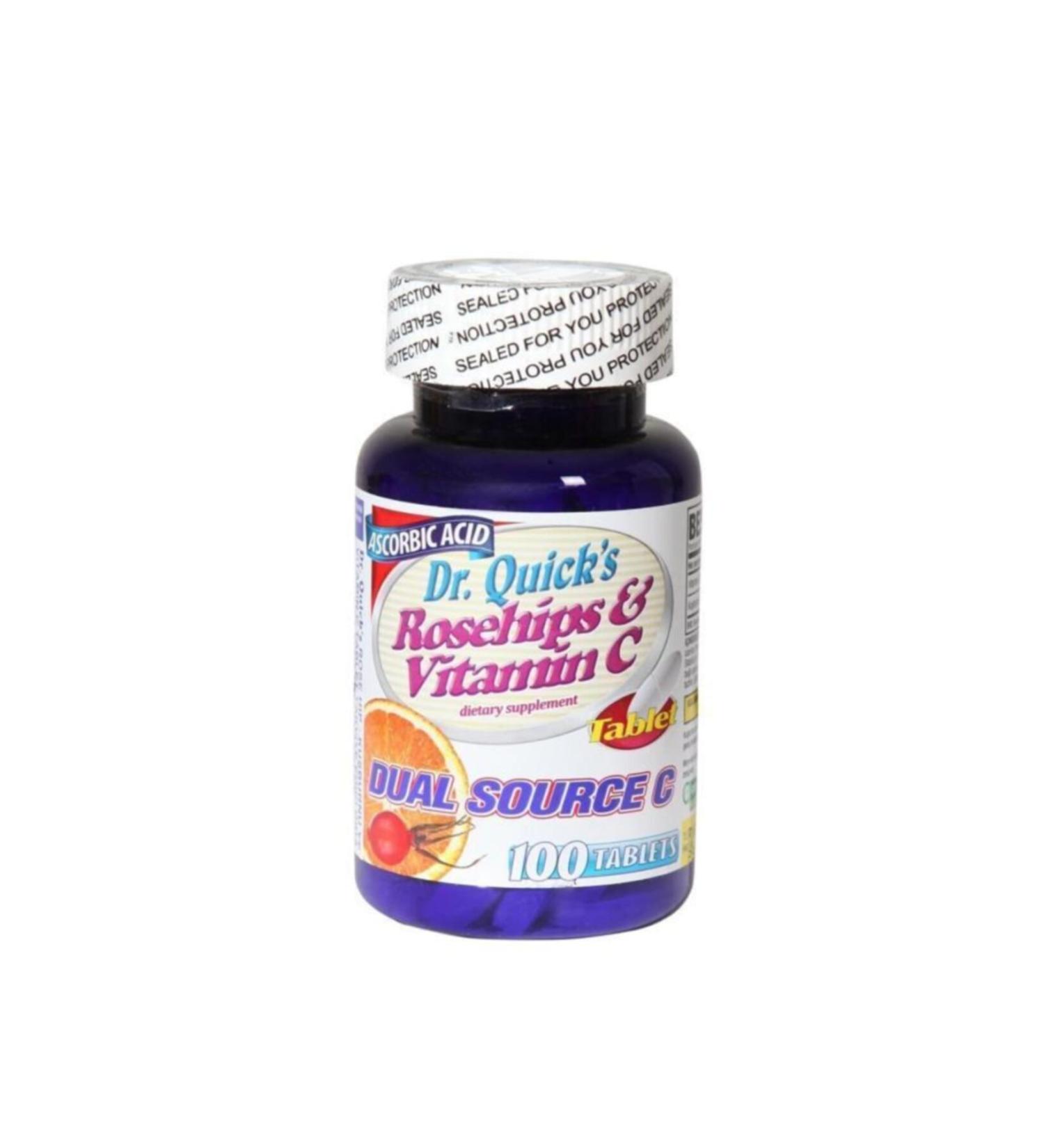 Dr Quicks Dr. Quick's Rosehips & Vitamin C 100 Tablets - L-ascorbic Acid 1.000 Mg + Rosehip Fruit 350 Mg